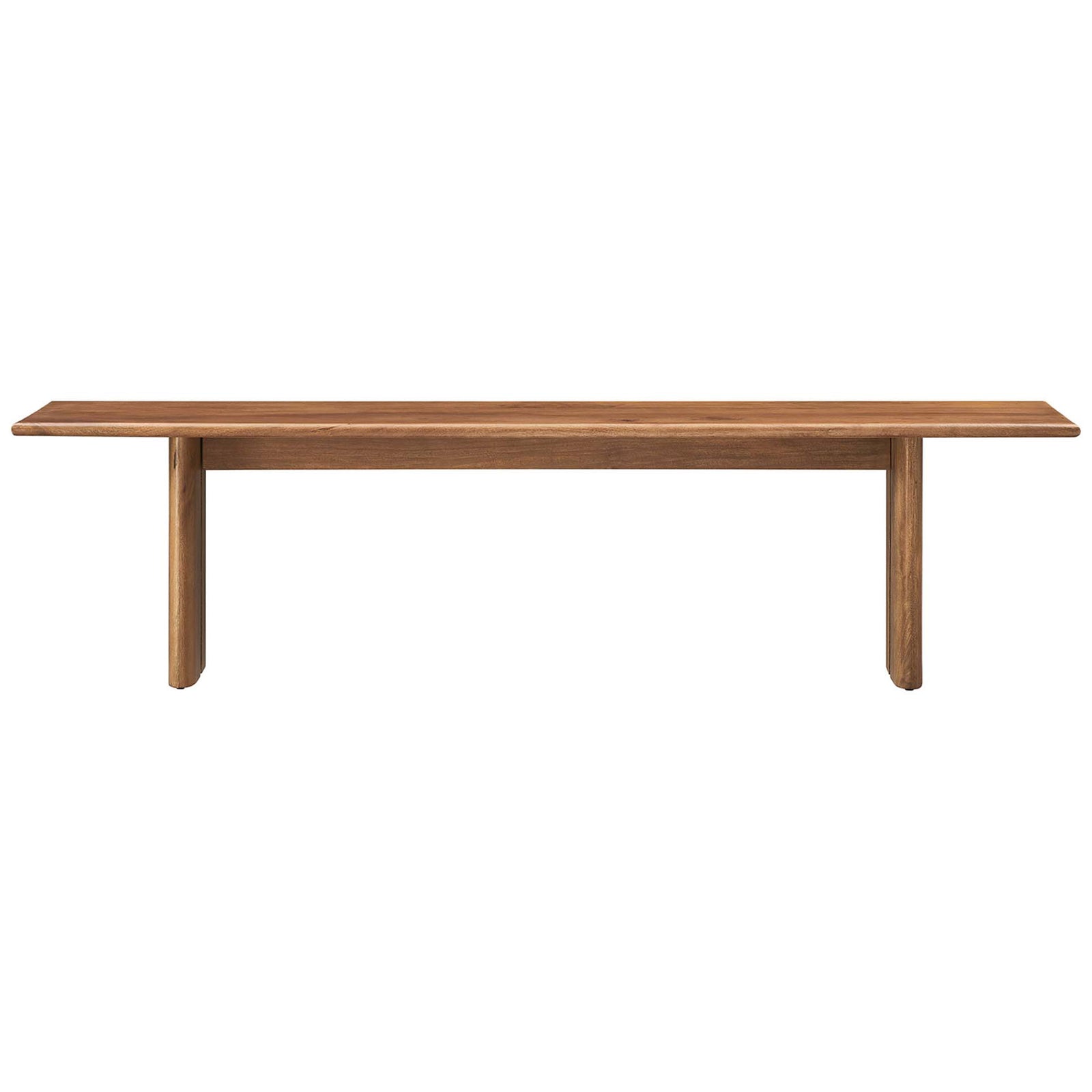 Extra-long mango wood bench finished in walnut with sculpted edges and sturdy pillar legs. || EEI-6345-WAL || front_studio