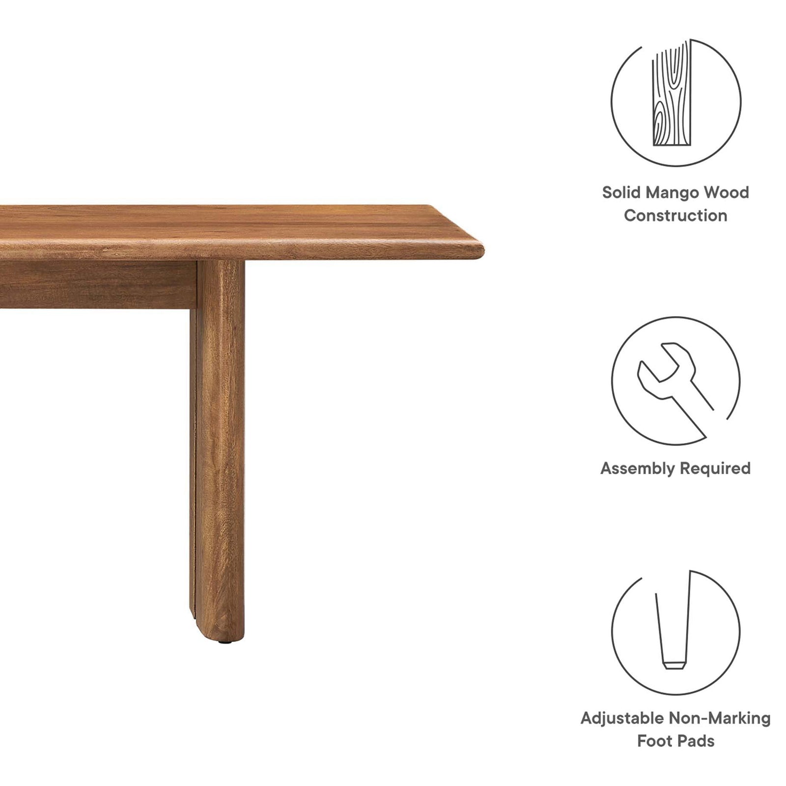 Solid mango wood design, quick assembly, and adjustable foot pads for steady seating. || EEI-6345-WAL || callout_studio