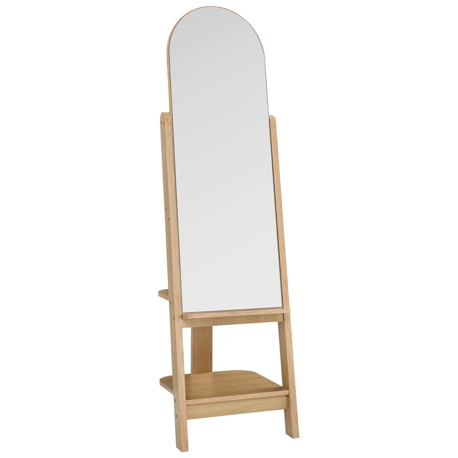 Arched oak standing mirror with dual shelves and warm wood-grain easel base || EEI-6346-OAK || front_angle_studio