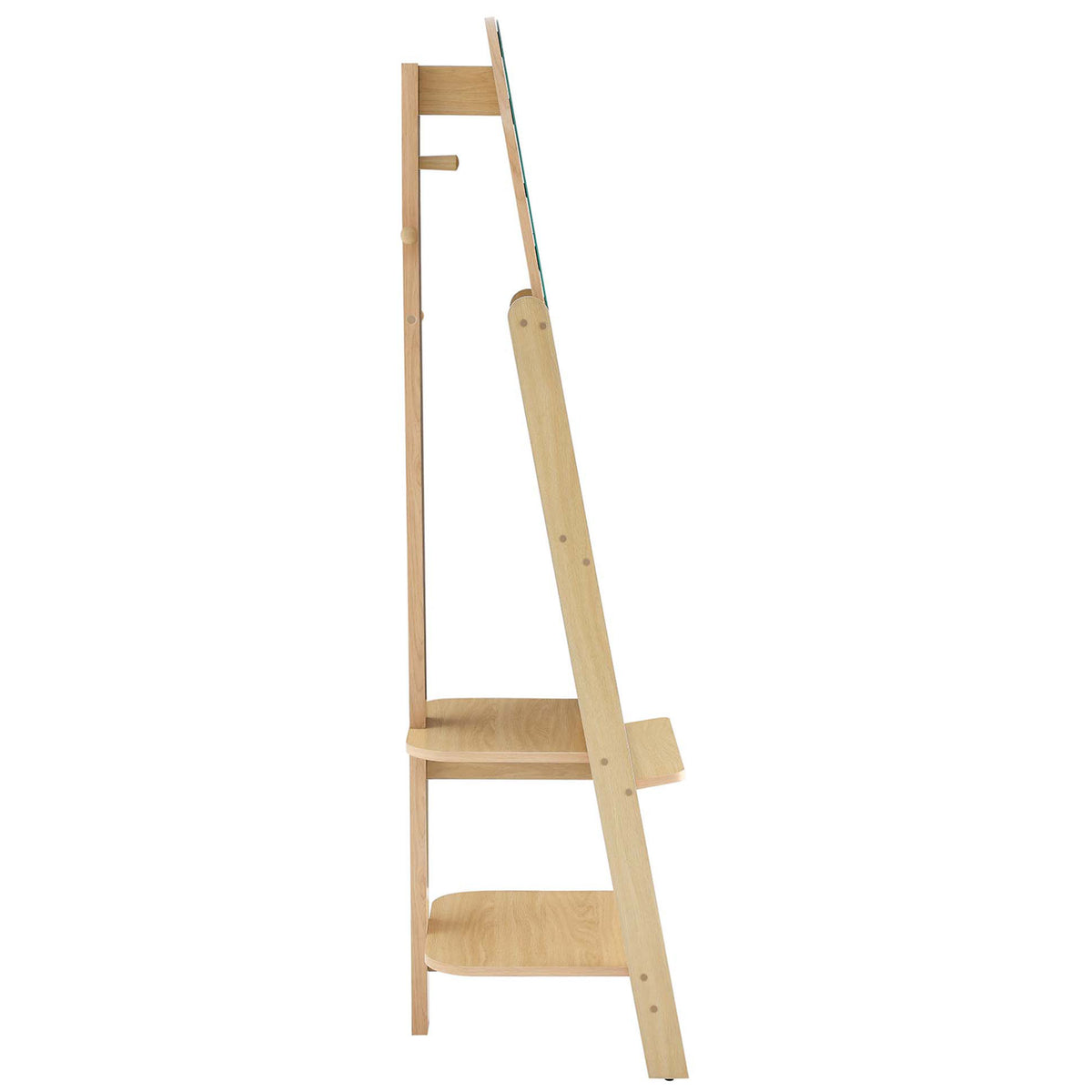 Slim oak standing mirror with angled support frame and tiered storage shelves || EEI-6346-OAK || side_studio