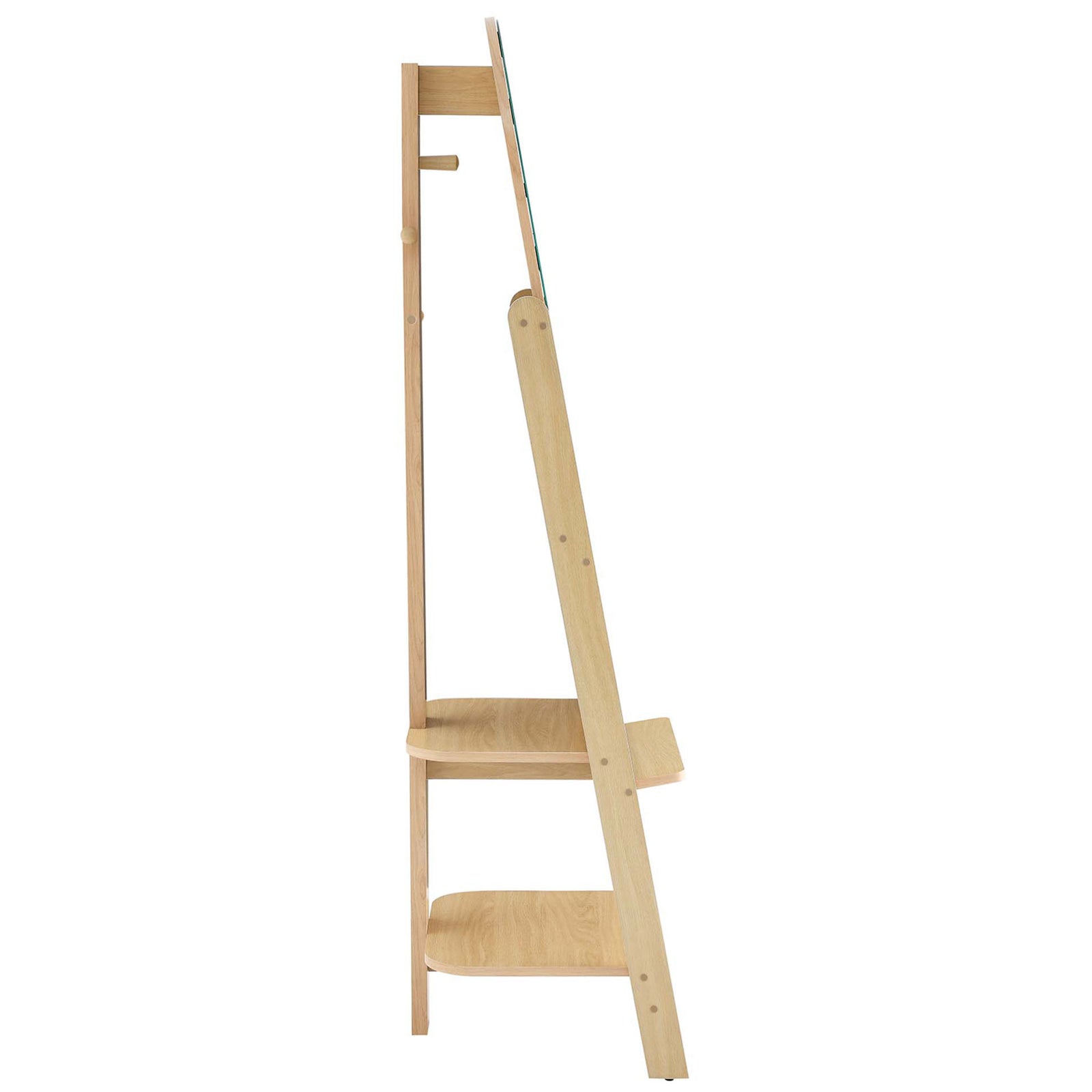 Slim oak standing mirror with angled support frame and tiered storage shelves || EEI-6346-OAK || side_studio