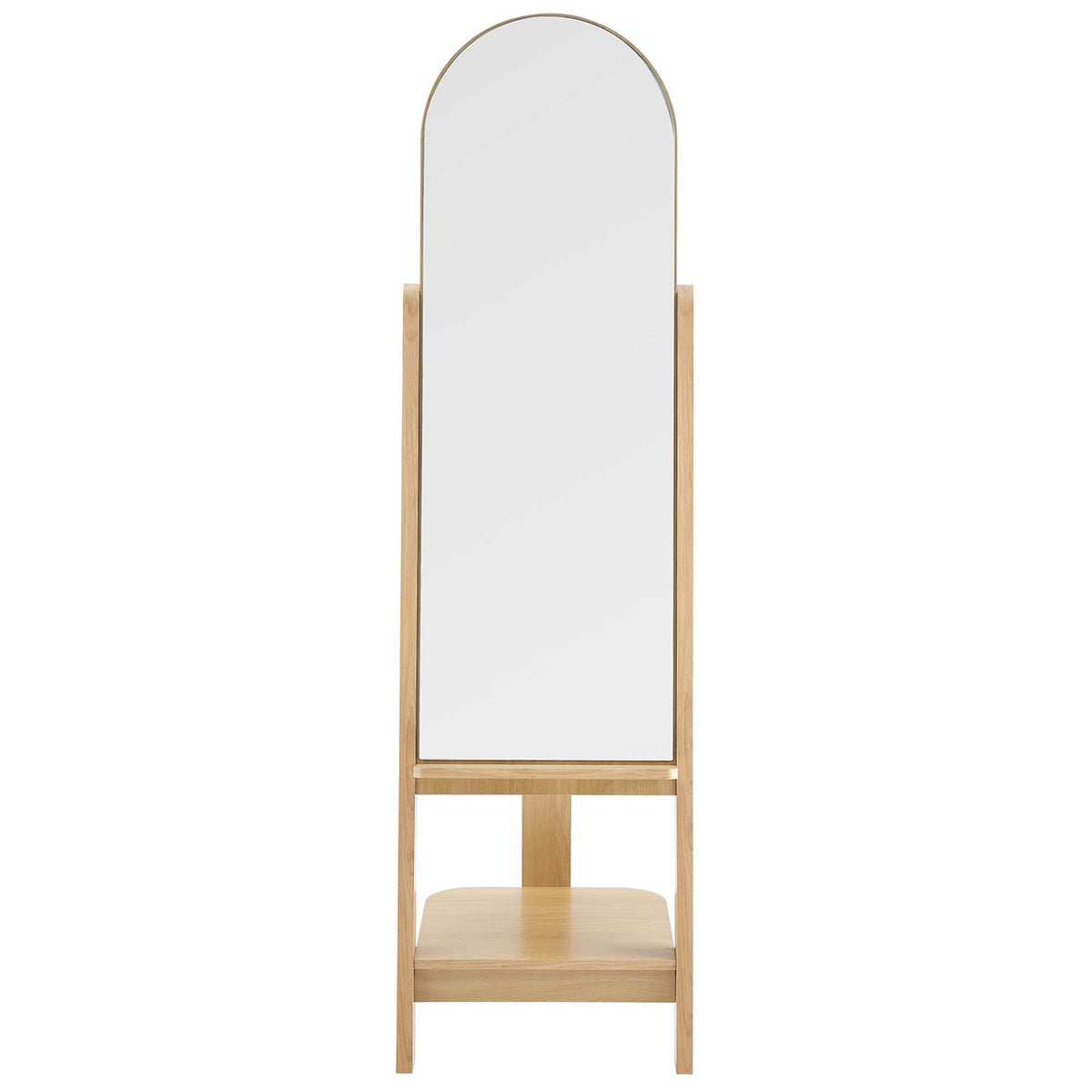 Full-length arched oak standing mirror with lower shelf for storage or display || EEI-6346-OAK || front_studio