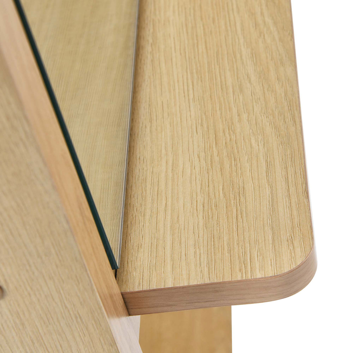 Smooth oak veneer shelf with softly rounded edge beneath the arched mirror glass || EEI-6346-OAK || detail_studio