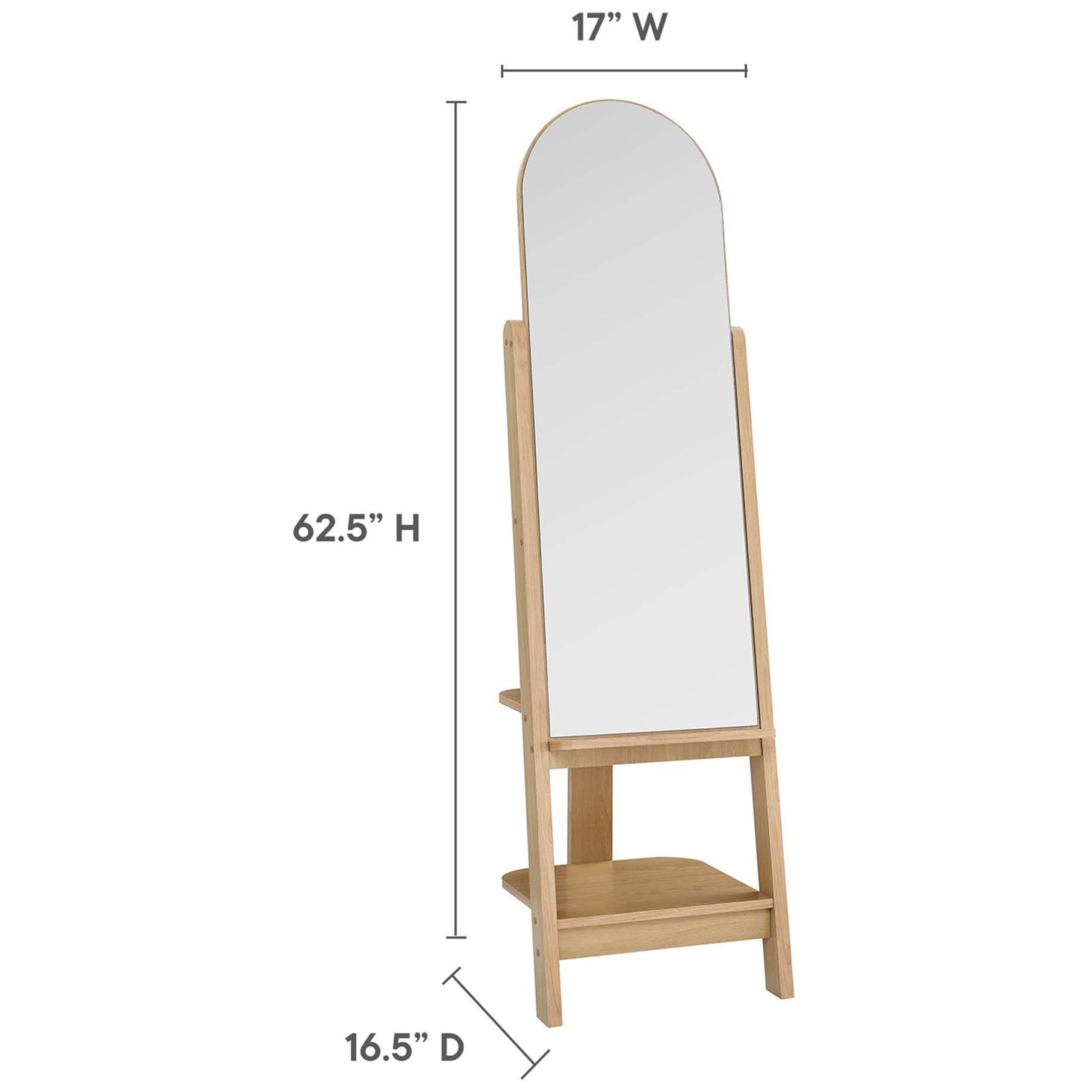 Dimension guide showing overall height, width, and depth of the Ascend oak standing mirror || EEI-6346-OAK || dimension_studio