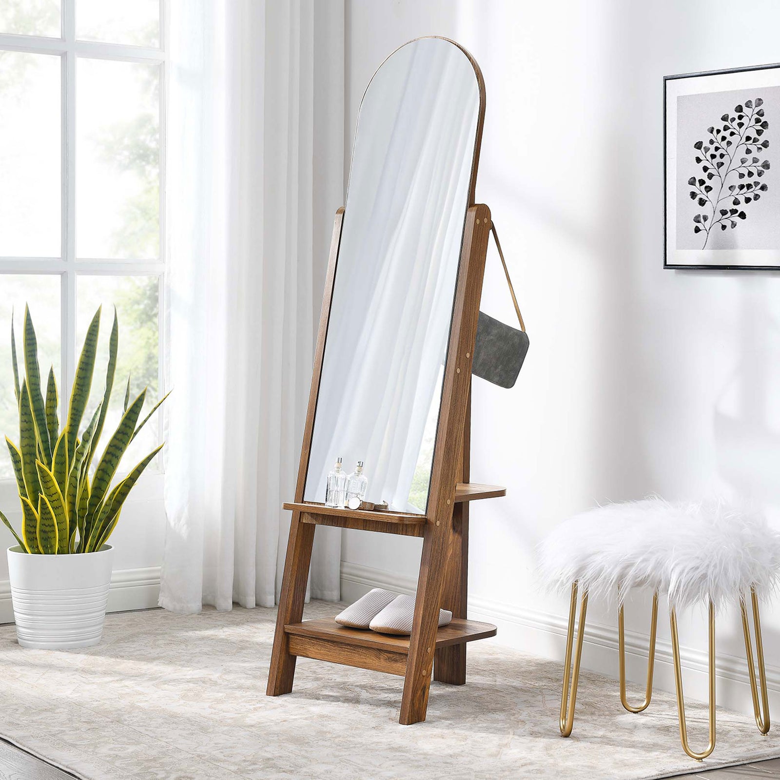 Full length walnut mirror adds light and storage in a cozy corner with soft textiles and greenery || EEI-6346-WAL || front_angle_room