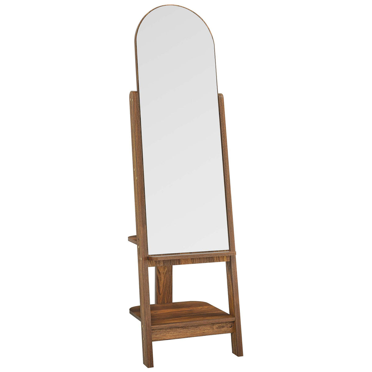 Walnut easel style arched mirror with open shelves and pegs for streamlined bedroom storage || EEI-6346-WAL || front_angle_studio