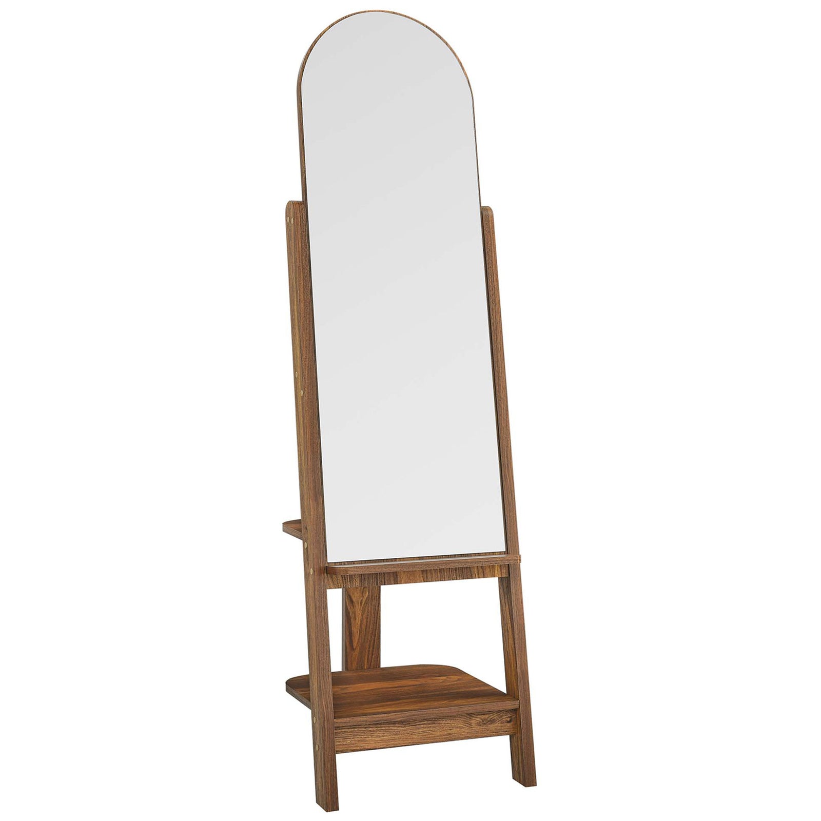Walnut easel style arched mirror with open shelves and pegs for streamlined bedroom storage || EEI-6346-WAL || front_angle_studio