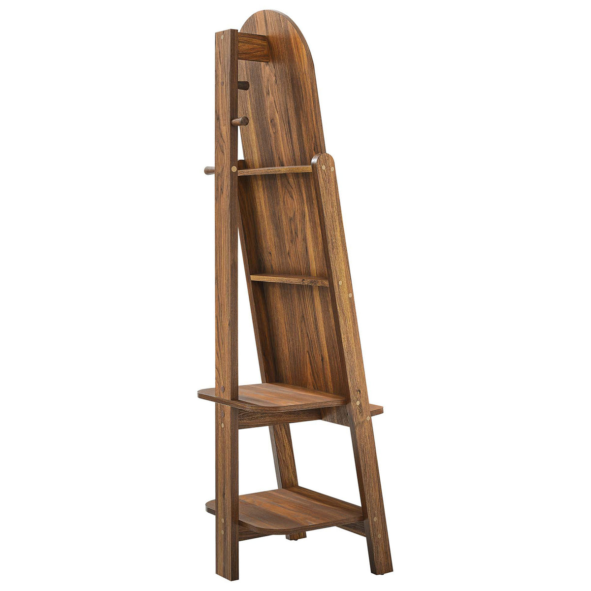 Open shelves and triple hanging pegs on the back of this walnut easel mirror keep outfits and bags ready to grab || EEI-6346-WAL || back_angle_studio