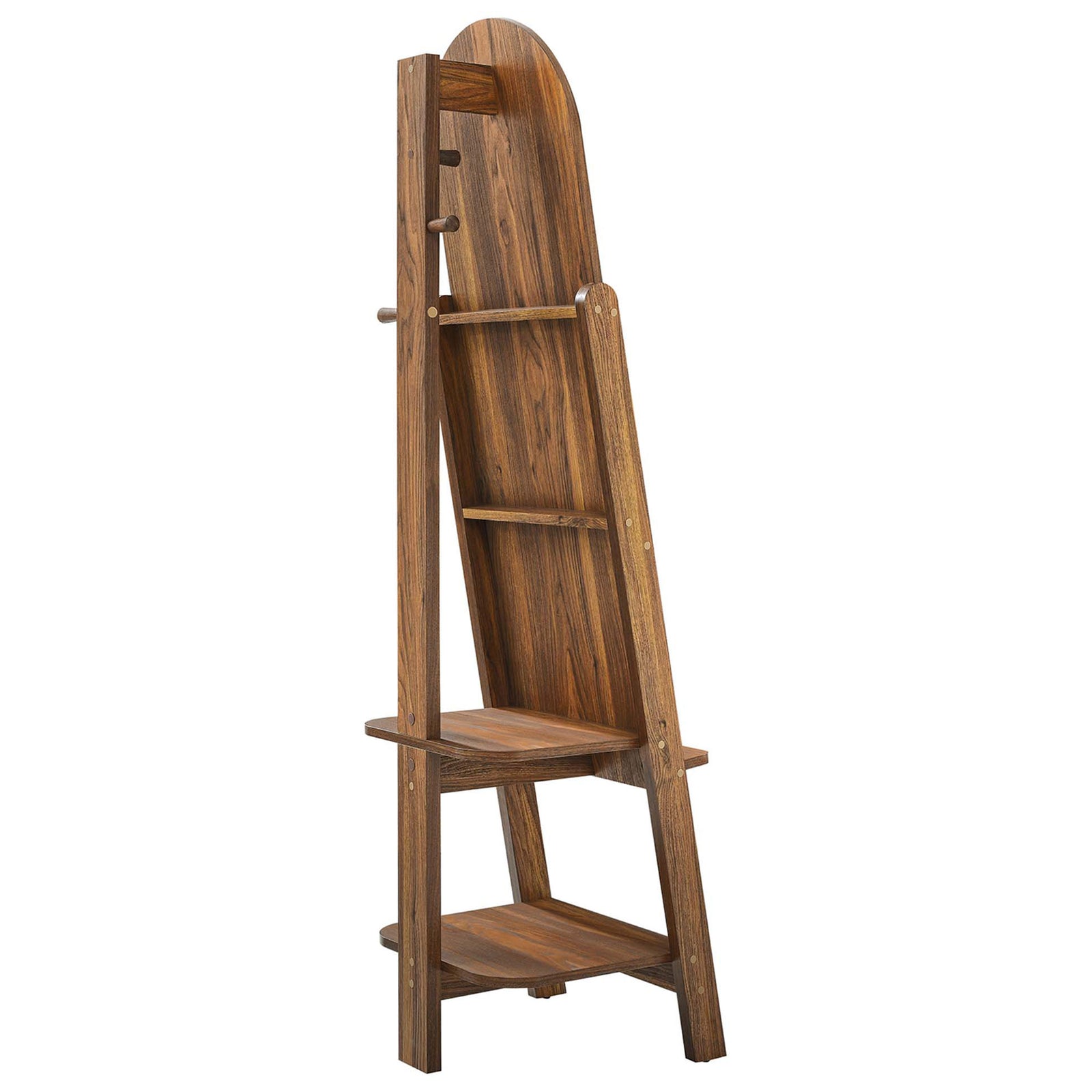 Open shelves and triple hanging pegs on the back of this walnut easel mirror keep outfits and bags ready to grab || EEI-6346-WAL || back_angle_studio