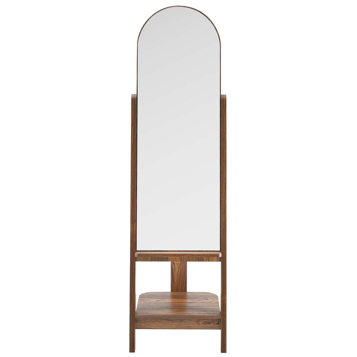 Walnut arched standing mirror with integrated shelves and pegs for stylish bedroom or entryway storage || EEI-6346-WAL || front_studio