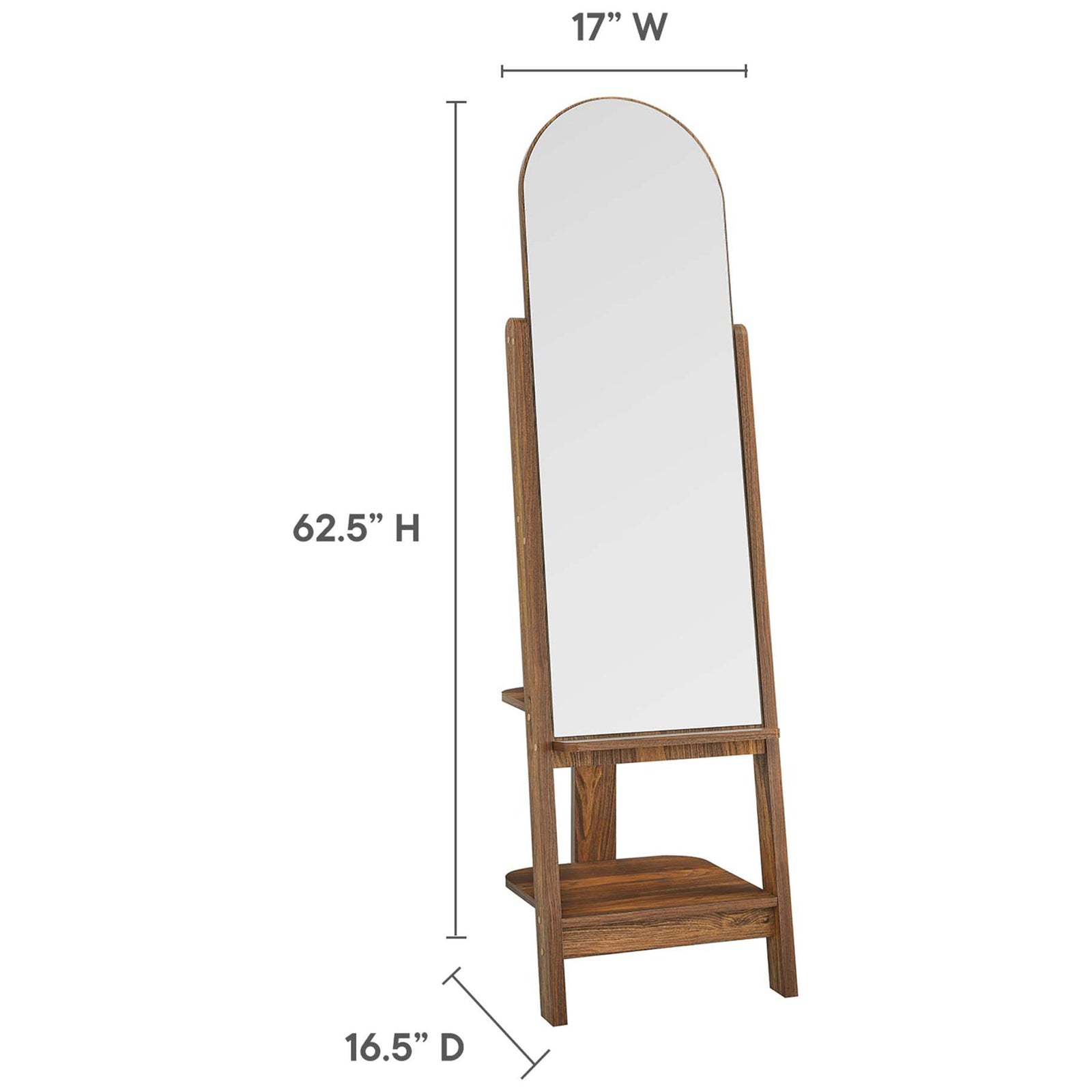 Illustrated dimensions show the 62.5 inch height, 17 inch width, and 16.5 inch depth of the standing mirror || EEI-6346-WAL || dimension_studio