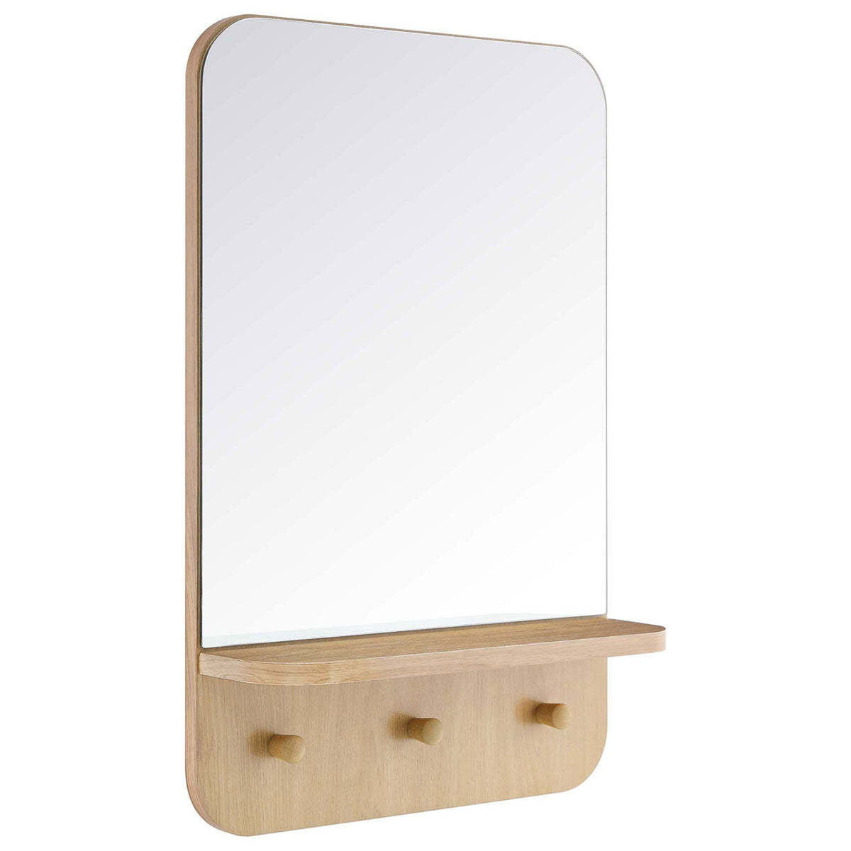 Oak-finished Lumina mirror with integrated shelf and pegs adding warm modern style to the wall || EEI-6348-OAK || front_angle_studio