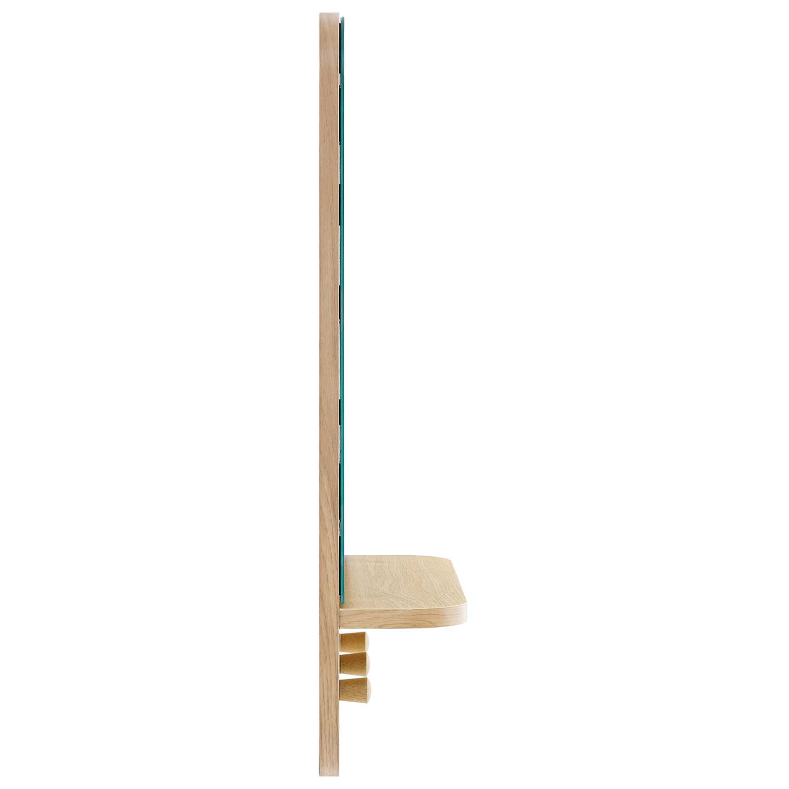 Slim profile Lumina oak wall mirror with space-saving shelf and sturdy hanging pegs || EEI-6348-OAK || side_studio
