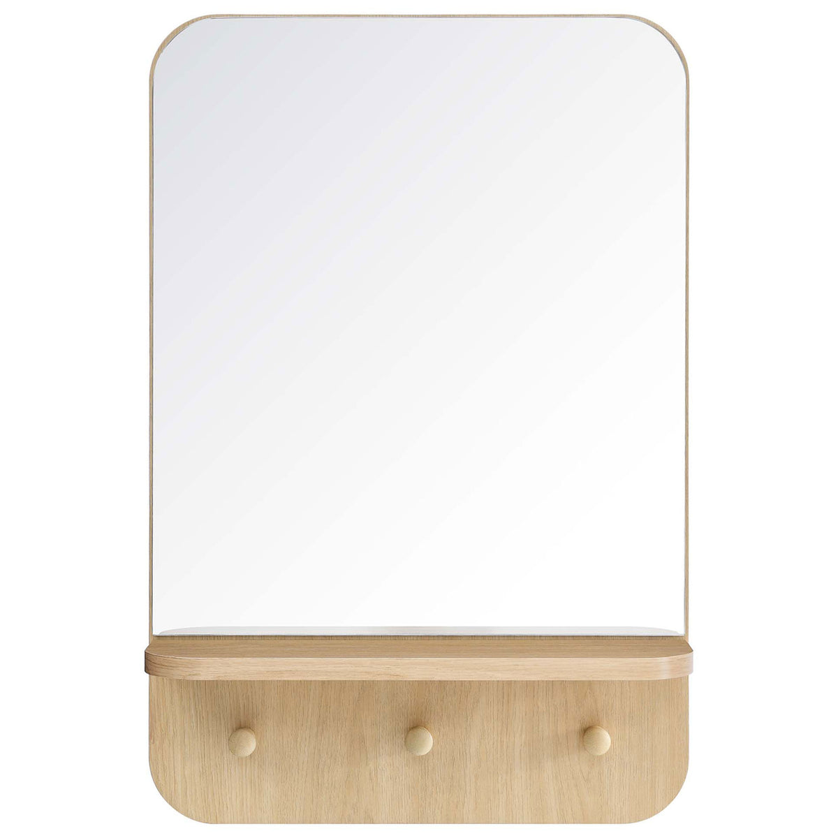 Lumina oak wall mirror with small shelf and three pegs for everyday entryway storage || EEI-6348-OAK || front_studio