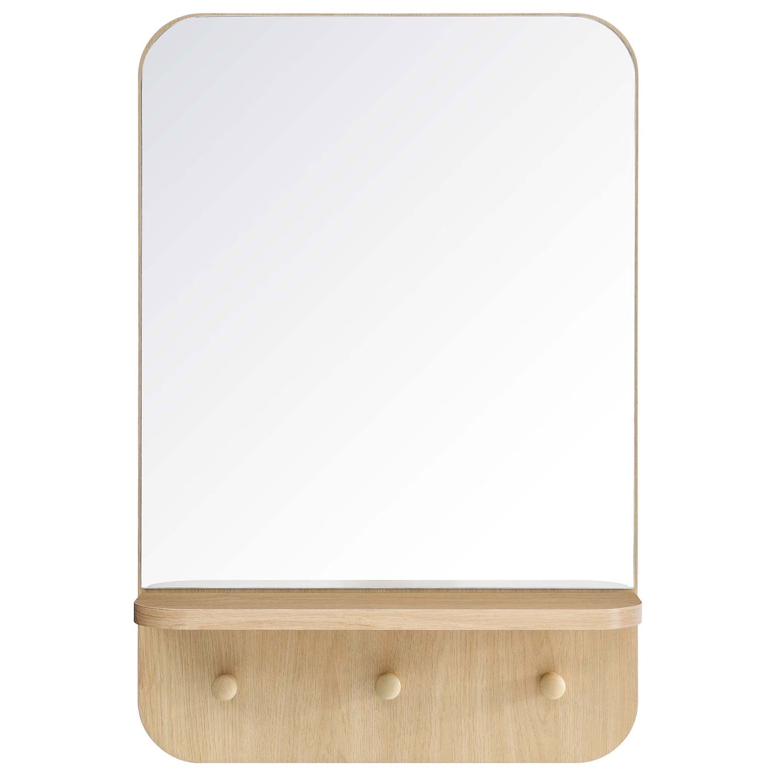 Lumina oak wall mirror with small shelf and three pegs for everyday entryway storage || EEI-6348-OAK || front_studio
