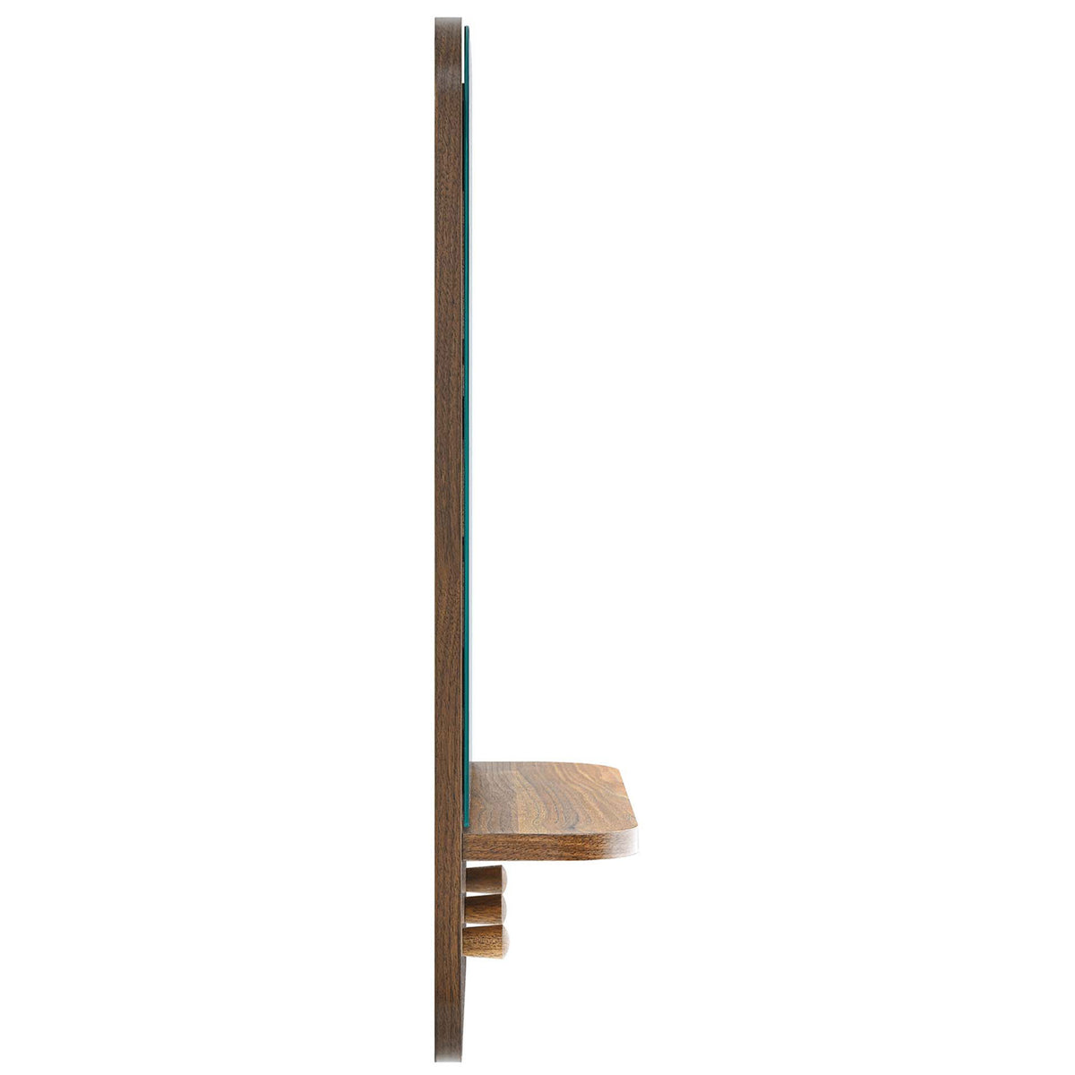 Slim profile Lumina walnut wall mirror with space-saving shelf and sturdy hanging pegs || EEI-6348-WAL || side_studio