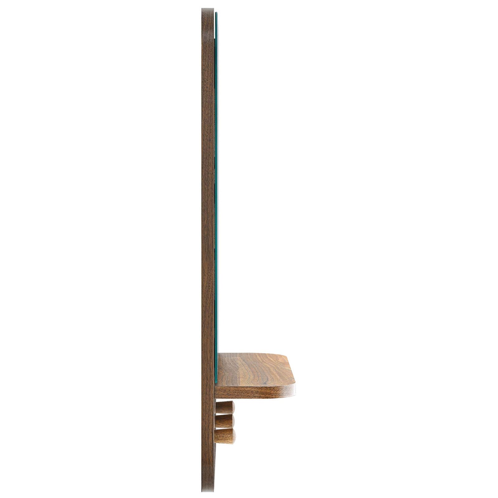 Slim profile Lumina walnut wall mirror with space-saving shelf and sturdy hanging pegs || EEI-6348-WAL || side_studio