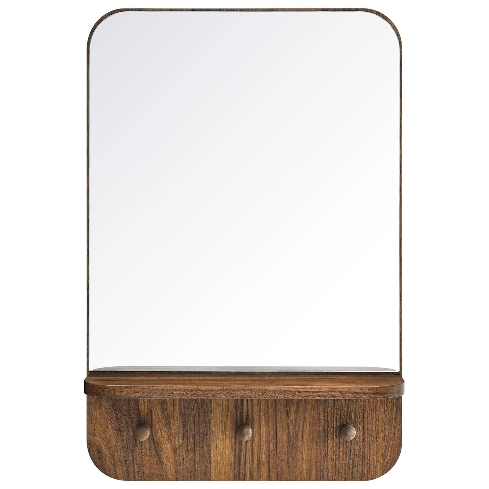 Lumina walnut wall mirror with small shelf and three pegs for everyday hallway and entry storage || EEI-6348-WAL || front_studio