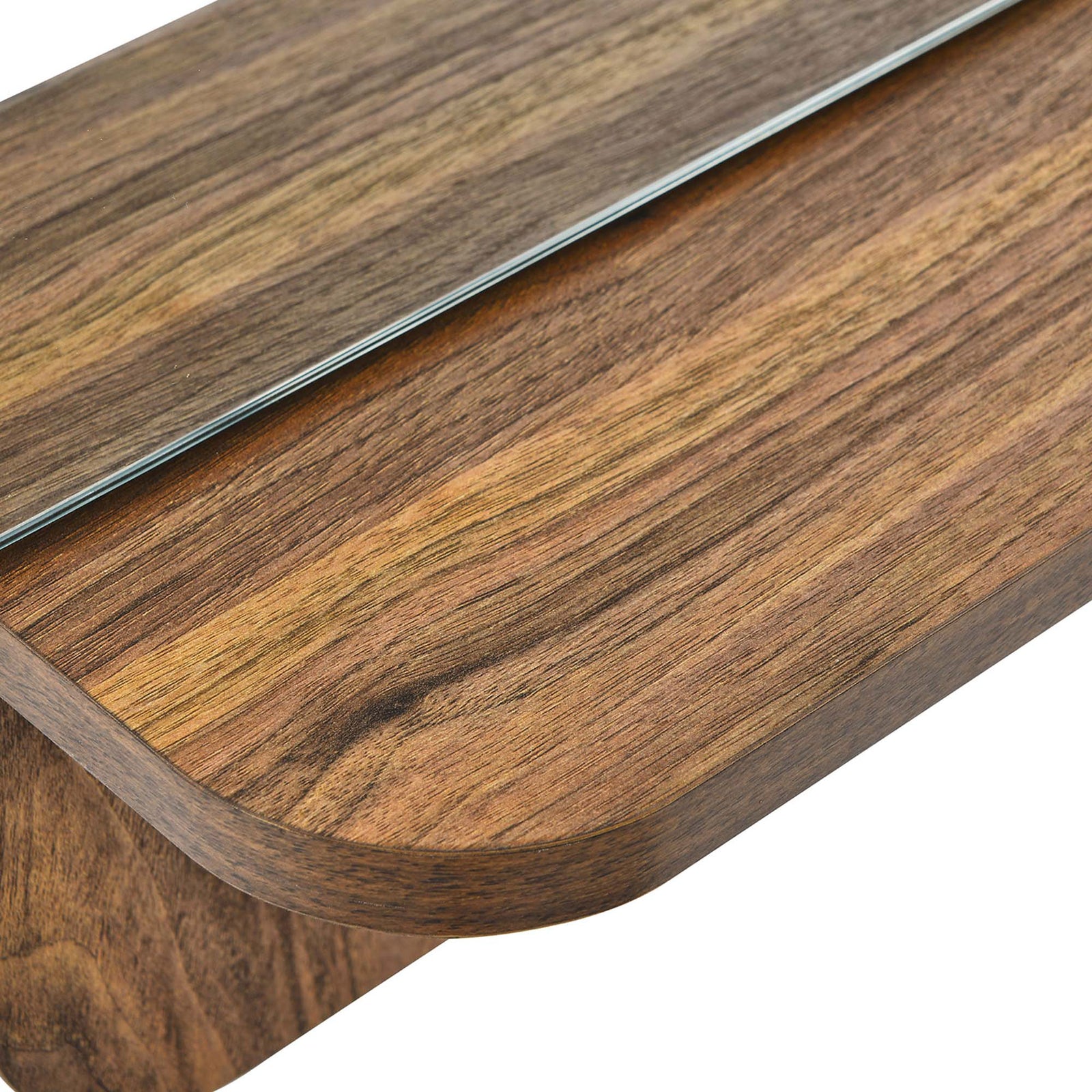 Walnut-look shelf on the Lumina mirror offers a convenient ledge for keys, plants, and decor || EEI-6348-WAL || detail_studio