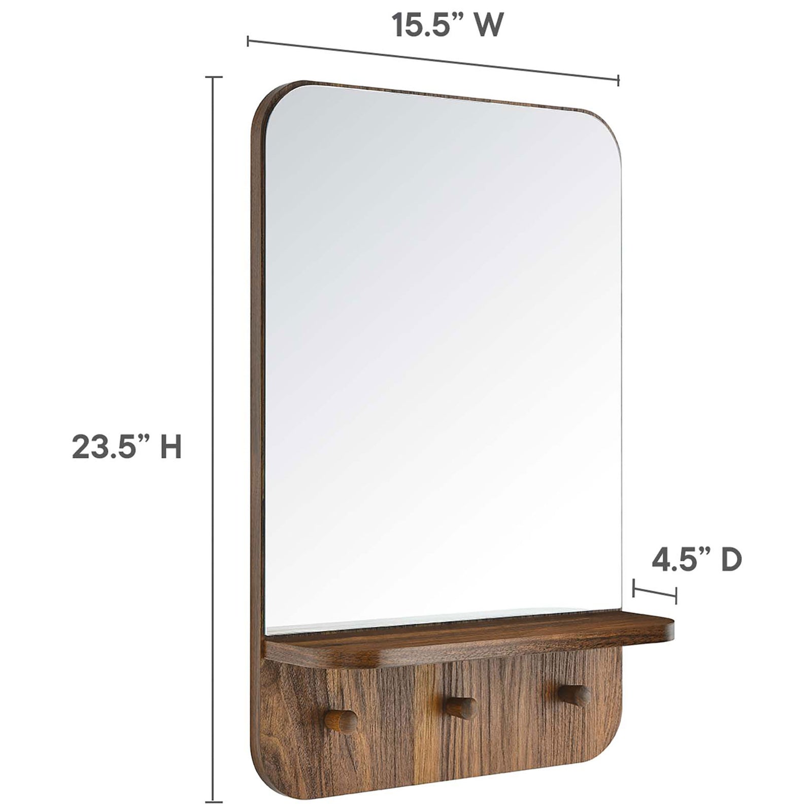 Size guide for the Lumina walnut wall mirror with shelf and pegs sized for smaller spaces || EEI-6348-WAL || dimension_studio