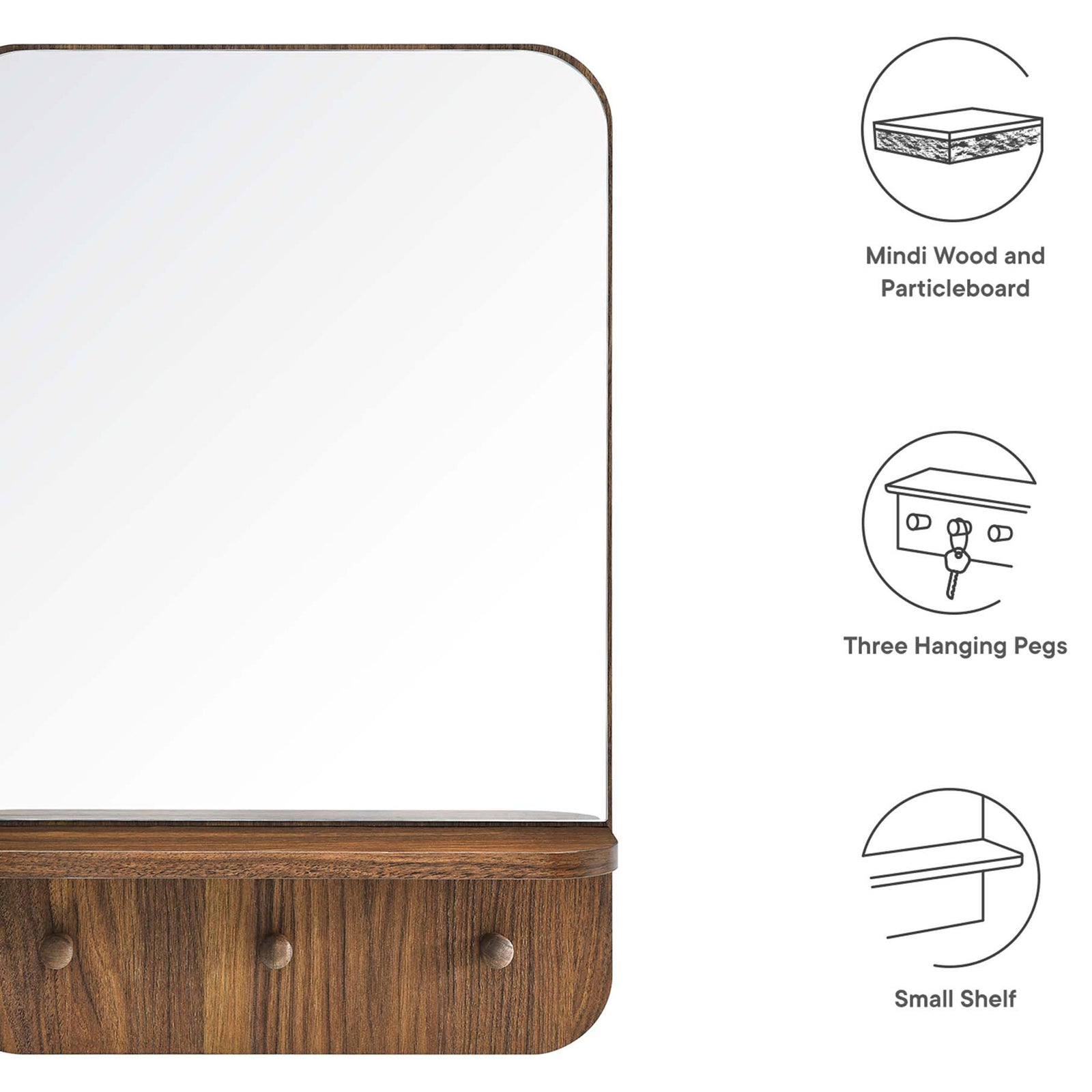 Feature highlights of the Lumina walnut mirror including wood build, three pegs, and compact shelf || EEI-6348-WAL || callout_studio