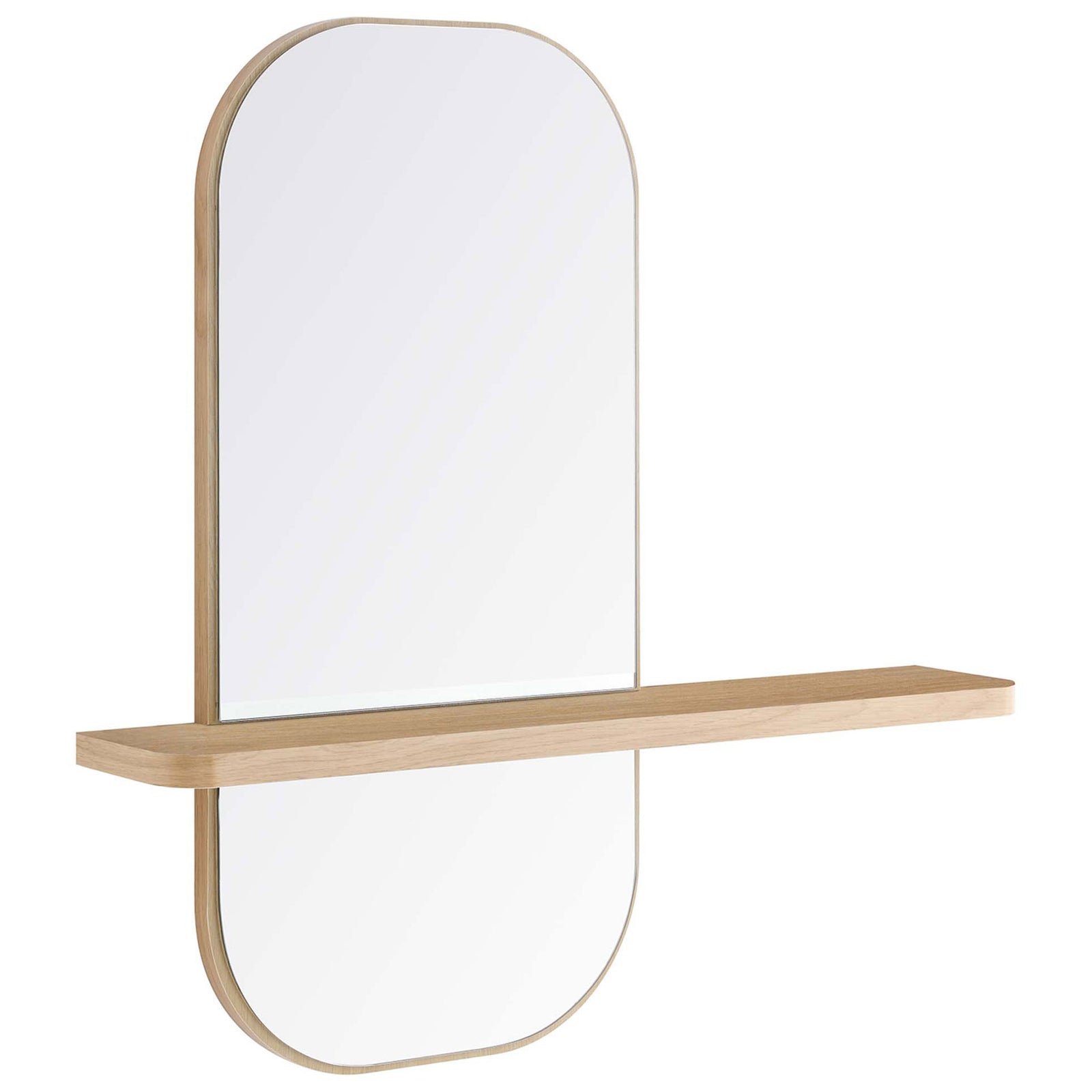 Slim oak-framed wall mirror showcasing the floating shelf and softly rounded edges. || EEI-6349-OAK || front_angle_studio