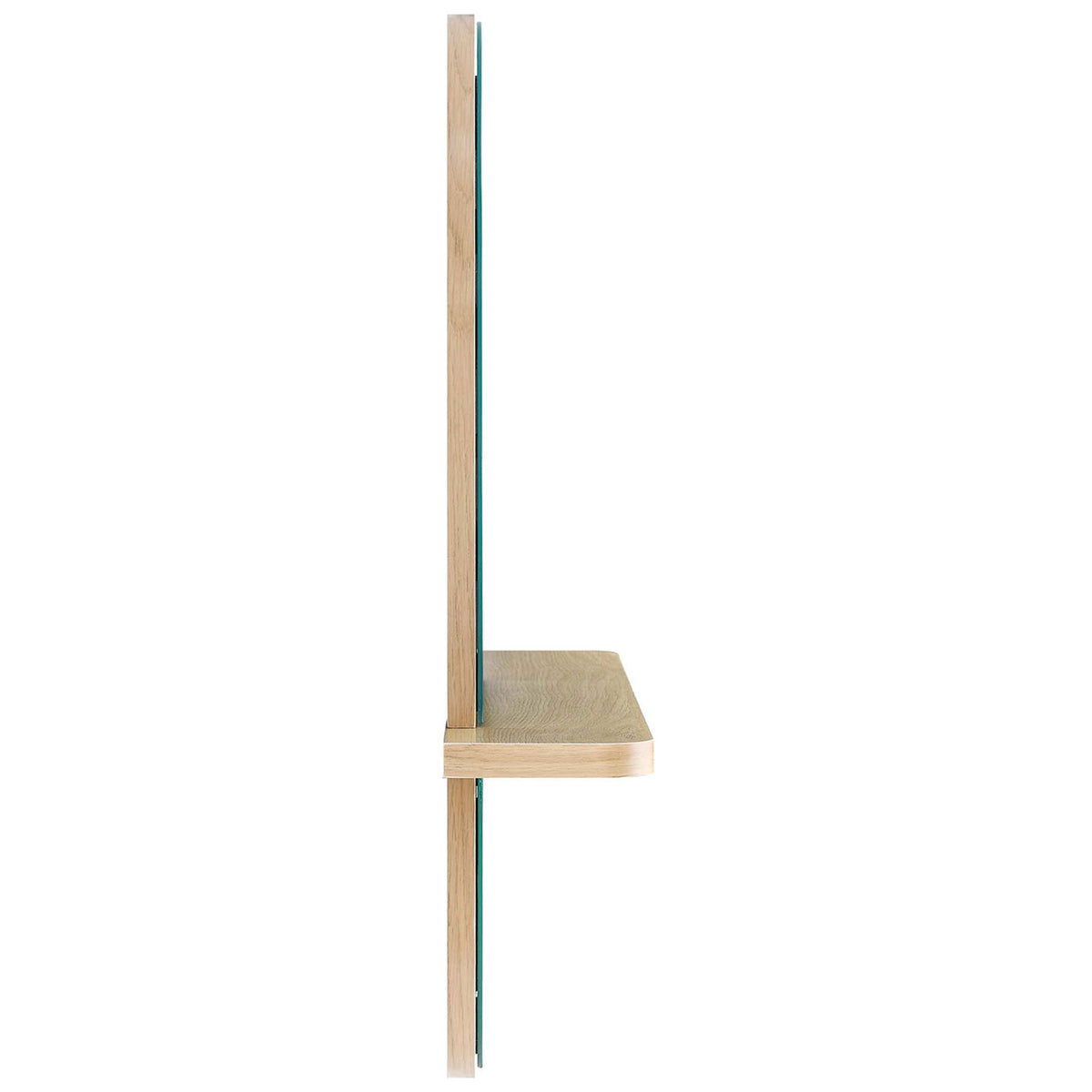 Oak mirror showing the thin frame depth and shallow floating shelf projection. || EEI-6349-OAK || side_studio