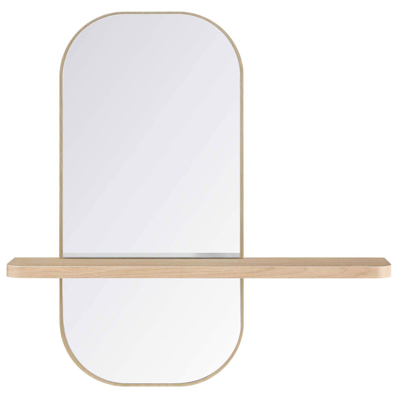Oak wall mirror with rounded rectangular shape and slim shelf for everyday essentials. || EEI-6349-OAK || front_studio