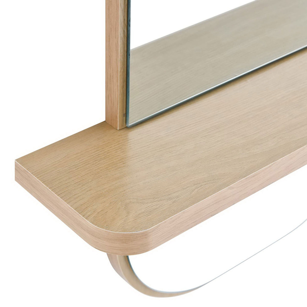 Oak mirror shelf with smooth wood grain surface and curved lower panel. || EEI-6349-OAK || storage_studio