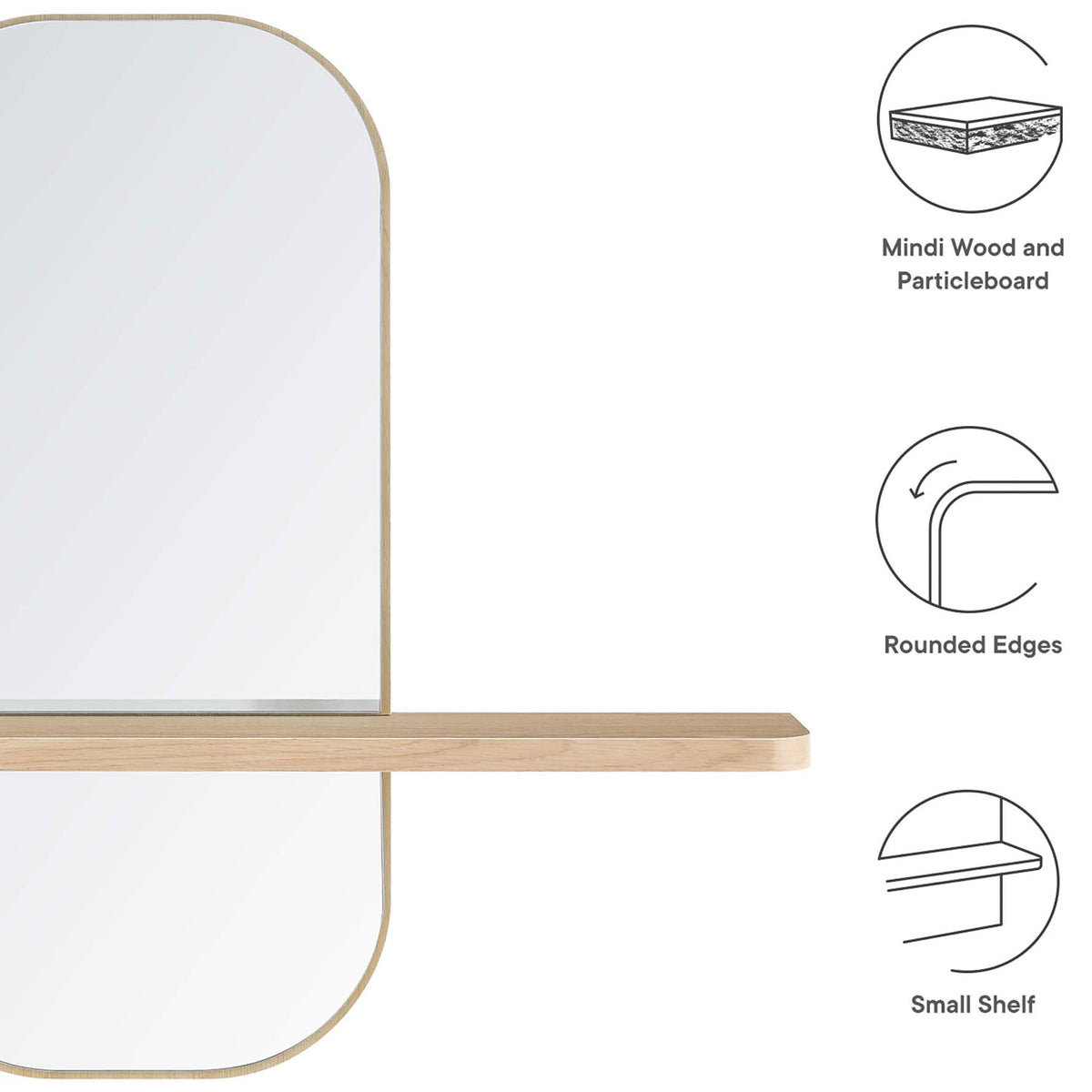 Graphic highlighting the oak mirror's mindi wood frame, rounded edges, and convenient small shelf. || EEI-6349-OAK || callout_studio