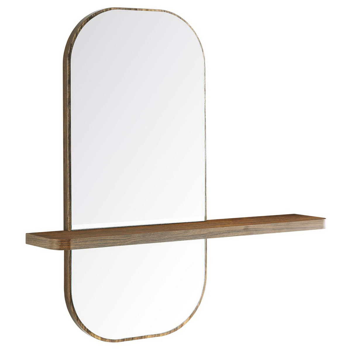Walnut-framed wall mirror highlighting the floating shelf and curved corners. || EEI-6349-WAL || front_angle_studio