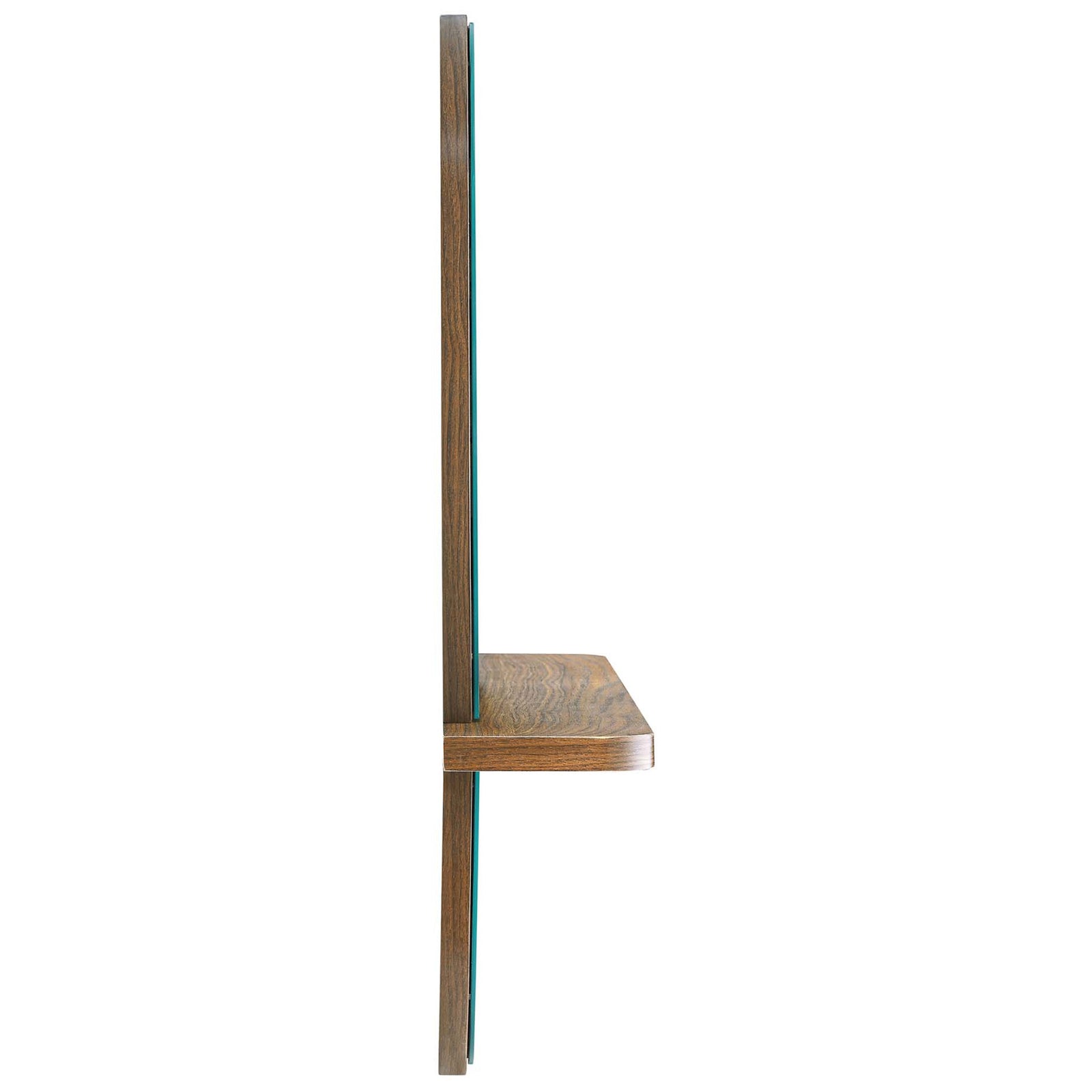 Walnut mirror showing slender depth and the shelf extending gracefully from the frame. || EEI-6349-WAL || side_studio