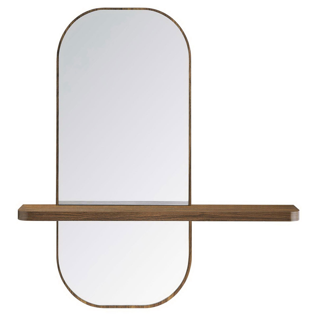 Walnut wall mirror with rounded rectangular silhouette and slim storage shelf. || EEI-6349-WAL || front_studio