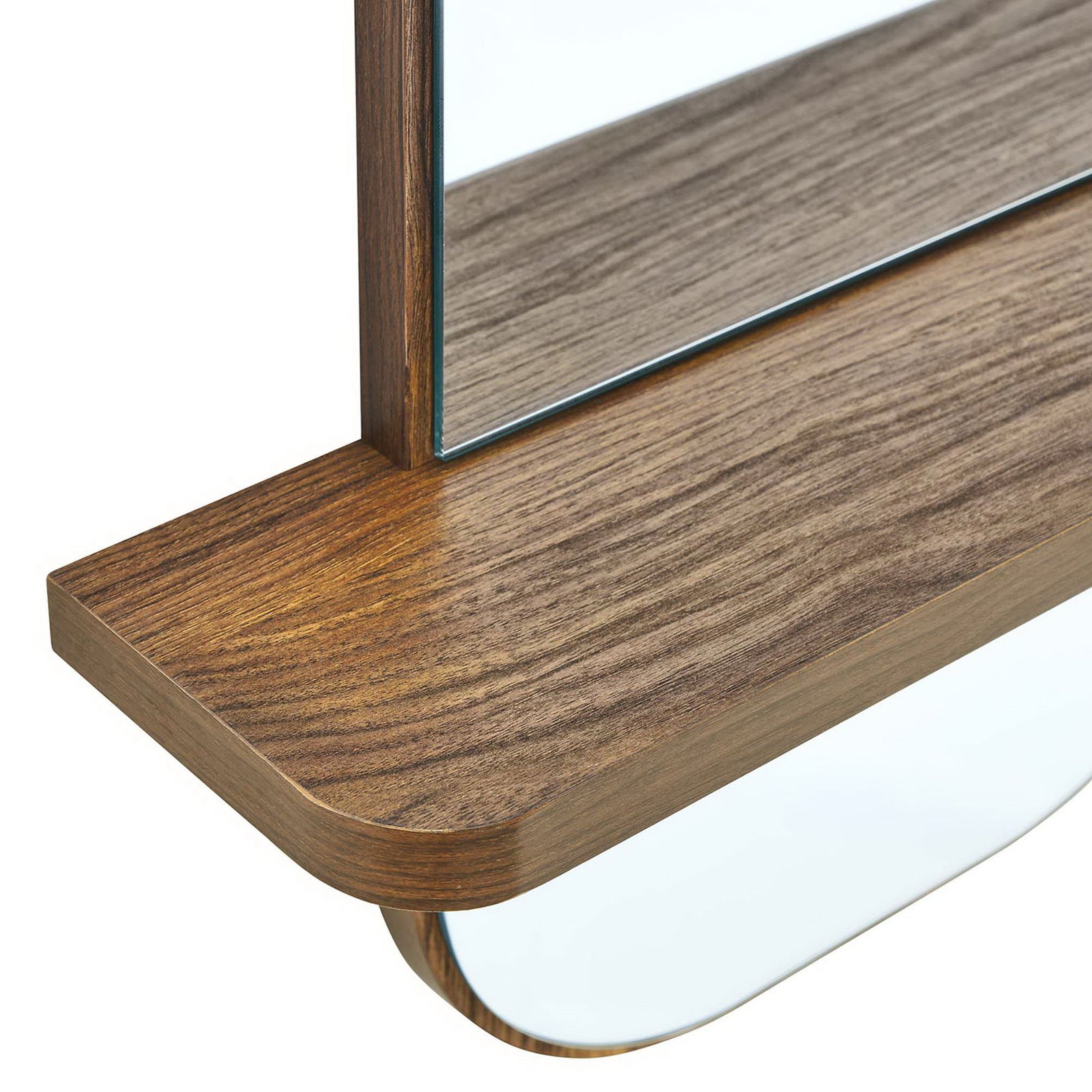Walnut mirror shelf with rich wood grain and smooth curved lower mirror panel. || EEI-6349-WAL || storage_studio