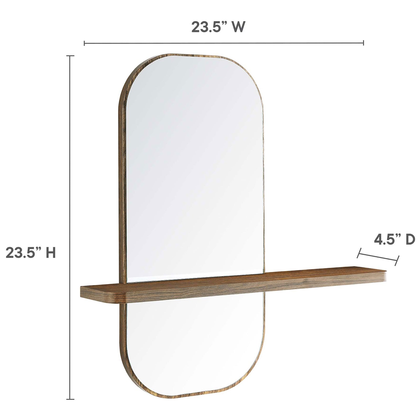 Graphic with overall dimensions for the walnut Solstice mirror with integrated shelf. || EEI-6349-WAL || dimension_studio