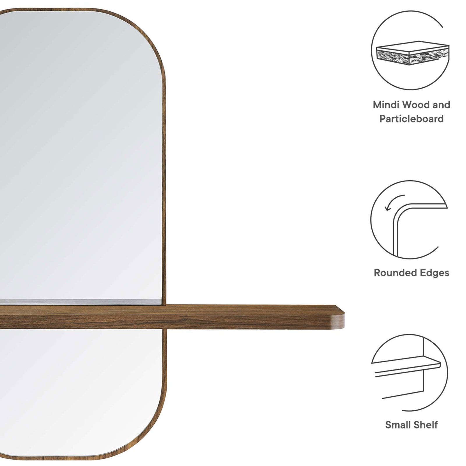 Graphic highlighting the walnut mirror's mindi wood frame, rounded edges, and compact shelf. || EEI-6349-WAL || callout_studio