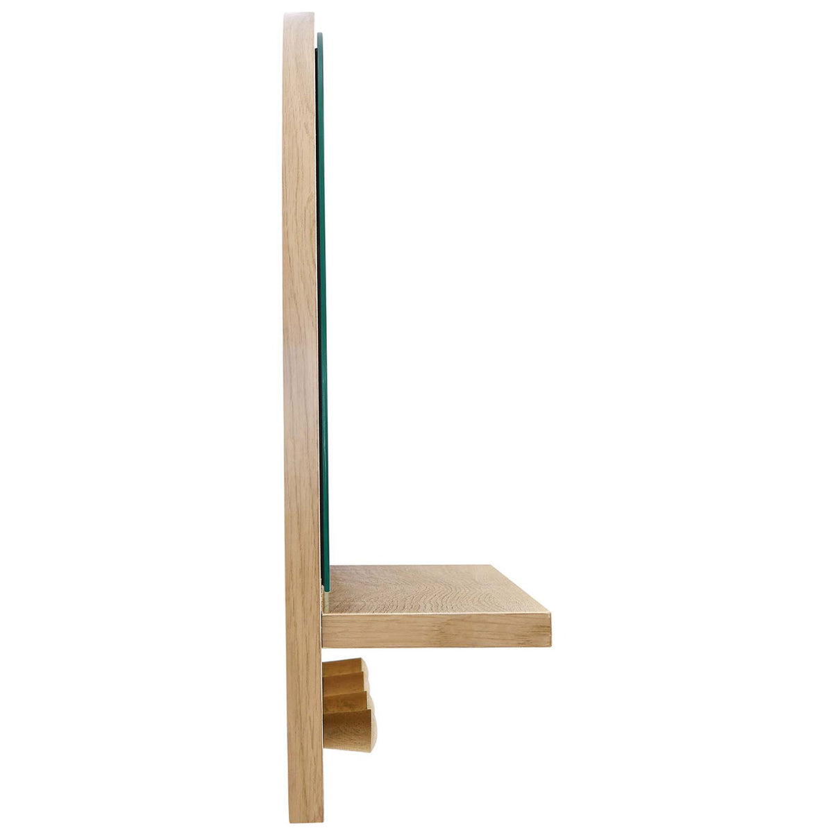 Slim oak wall mirror profile with floating shelf and pegs keeps your entryway feeling light || EEI-6350-OAK || side_studio