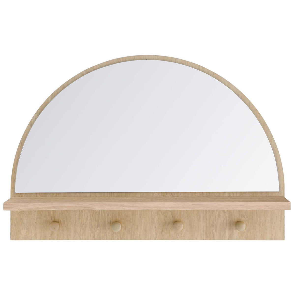 Half-circle oak mirror with integrated shelf and four pegs offers stylish storage || EEI-6350-OAK || front_studio