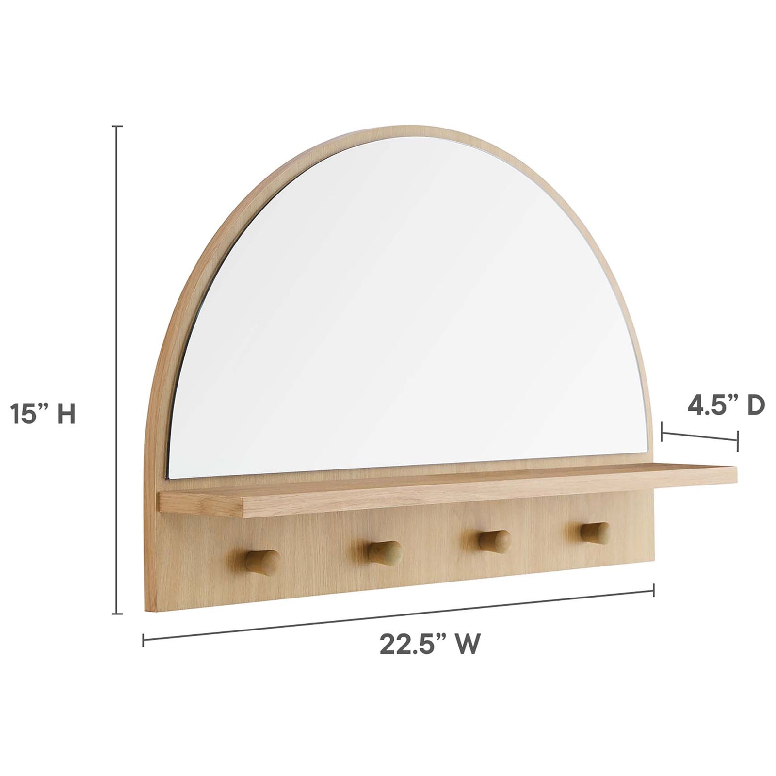 Moonbeam oak arched mirror with shelf and four pegs shown with dimensions for easy planning || EEI-6350-OAK || dimension_studio