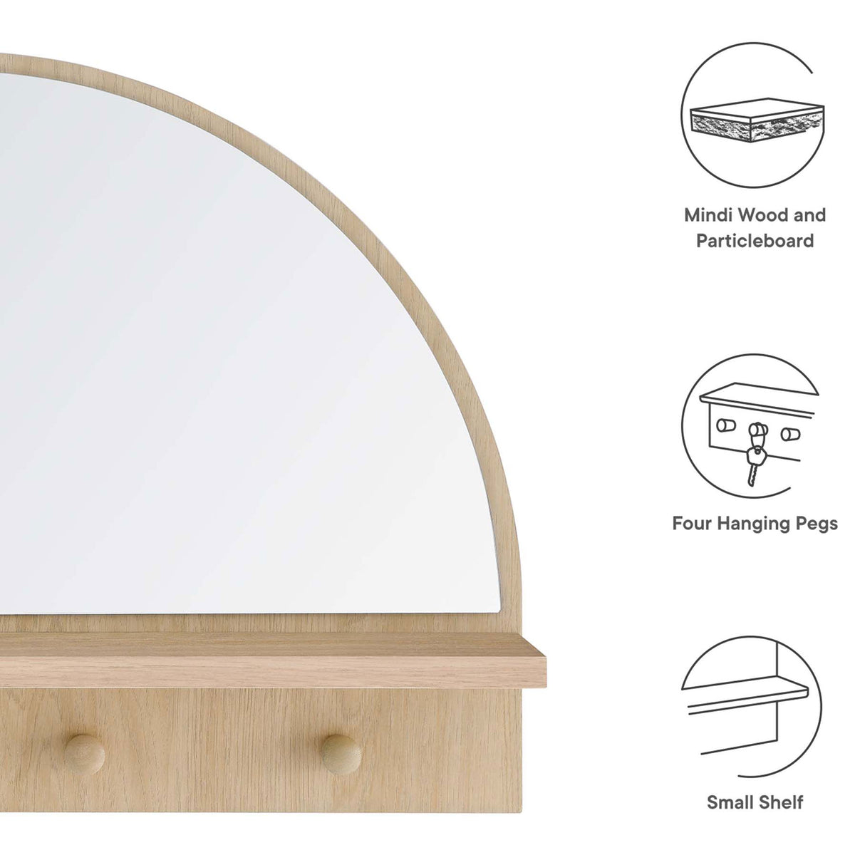 Key Moonbeam oak mirror features include mindi wood, four hanging pegs, and a handy shelf || EEI-6350-OAK || callout_studio