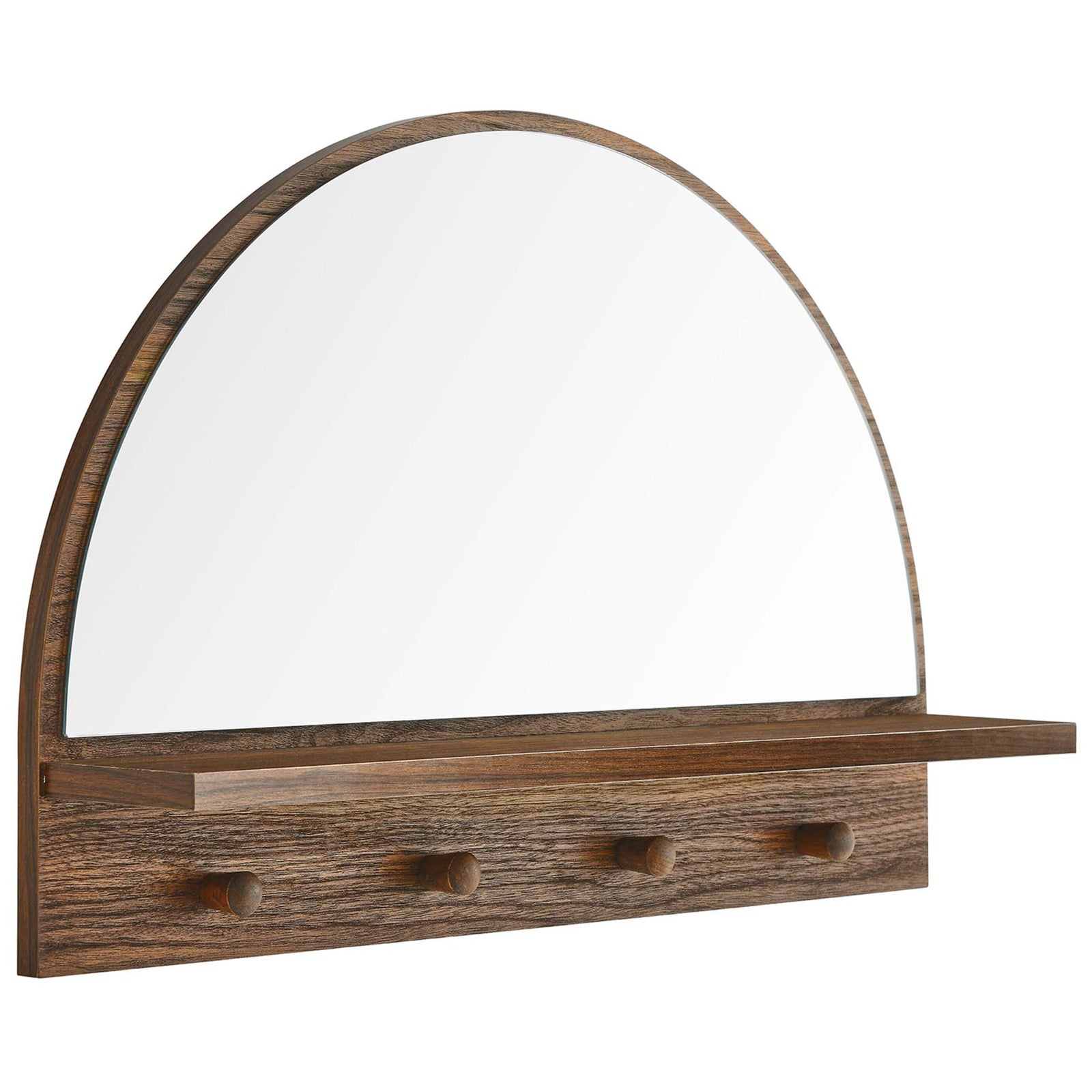 Arched walnut wall mirror with slim shelf and four pegs brings warmth and clever storage || EEI-6350-WAL || front_angle_studio