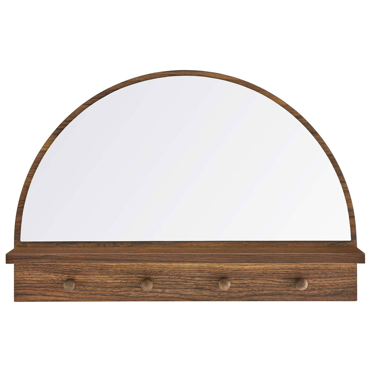 Half-circle walnut mirror with integrated shelf and four pegs adds stylish organization || EEI-6350-WAL || front_studio