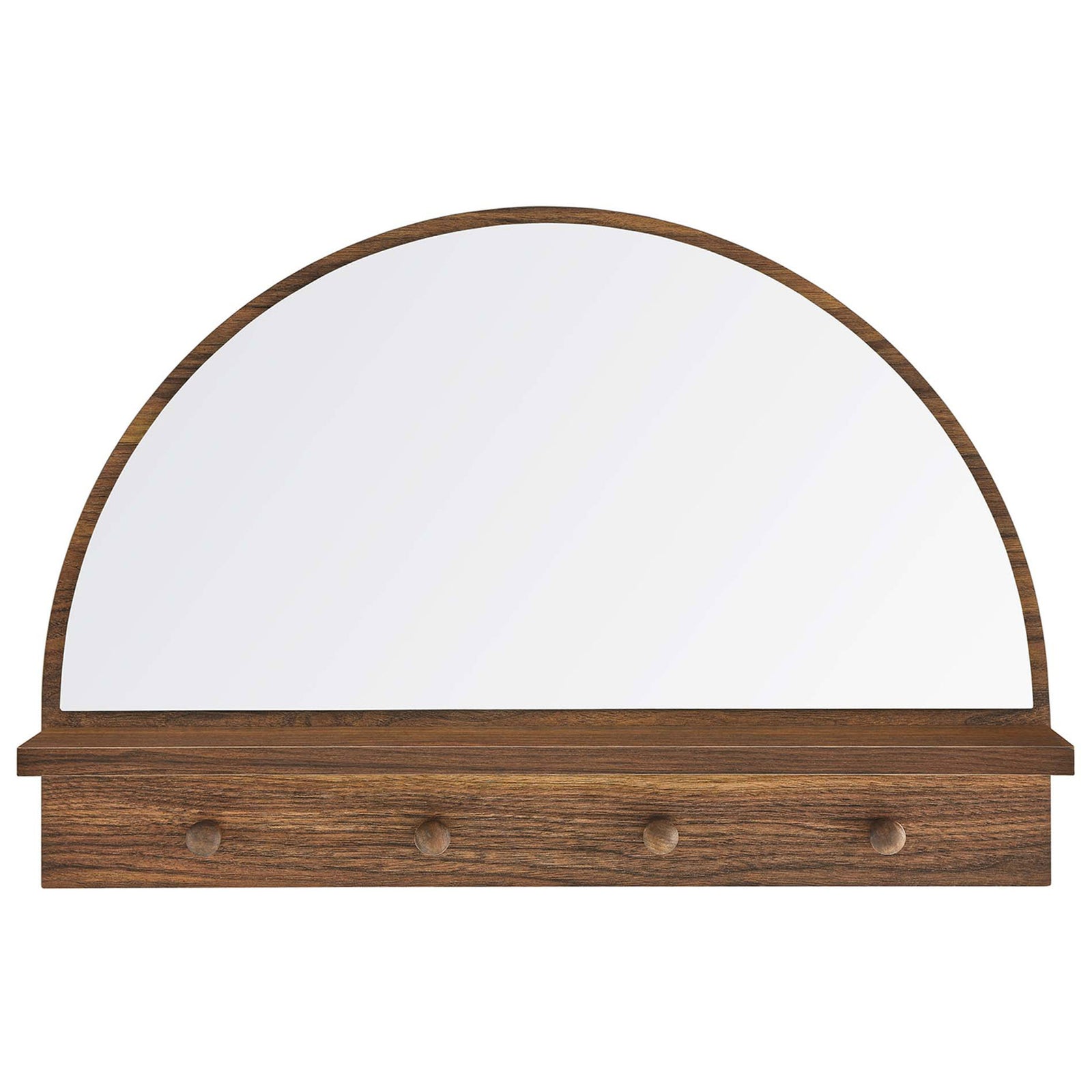 Half-circle walnut mirror with integrated shelf and four pegs adds stylish organization || EEI-6350-WAL || front_studio