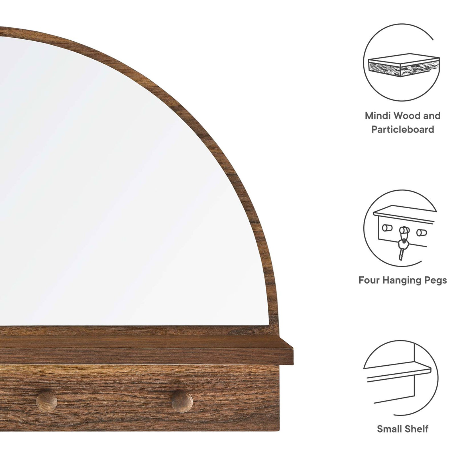 Feature icons highlight this walnut mirror's mindi wood build, four pegs, and slim shelf || EEI-6350-WAL || callout_studio