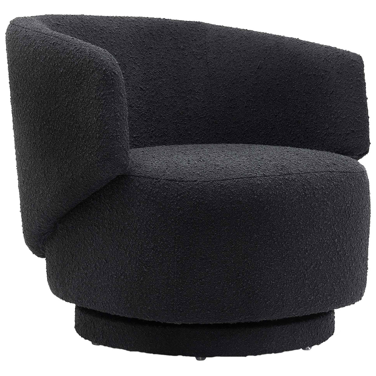Curved boucle swivel chair with wraparound back and plush seat on a low-profile 360-degree base. || EEI-6357-BLK || front_angle_studio
