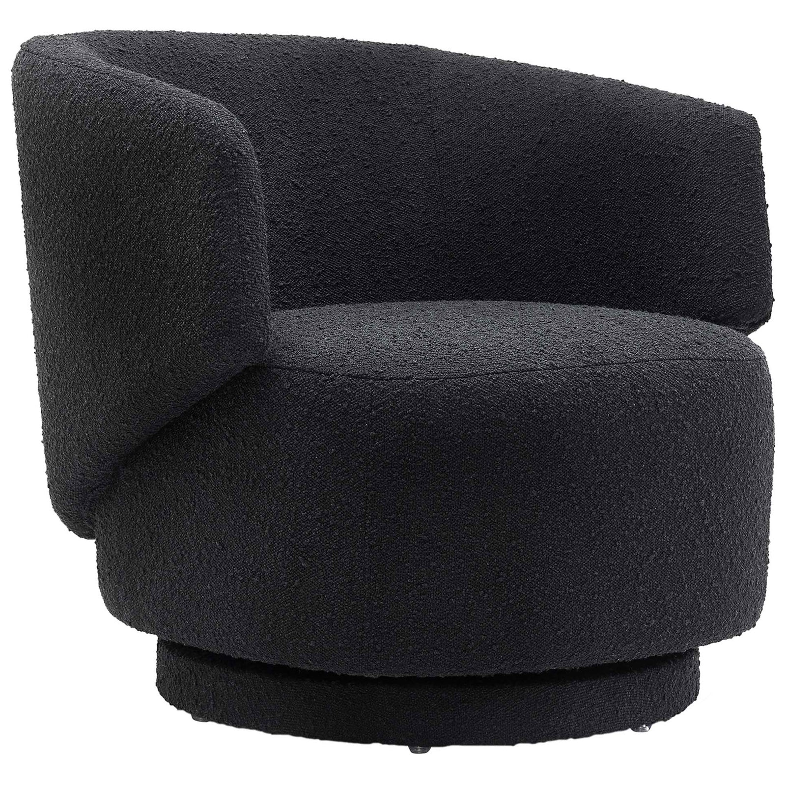 Curved boucle swivel chair with wraparound back and plush seat on a low-profile 360-degree base. || EEI-6357-BLK || front_angle_studio