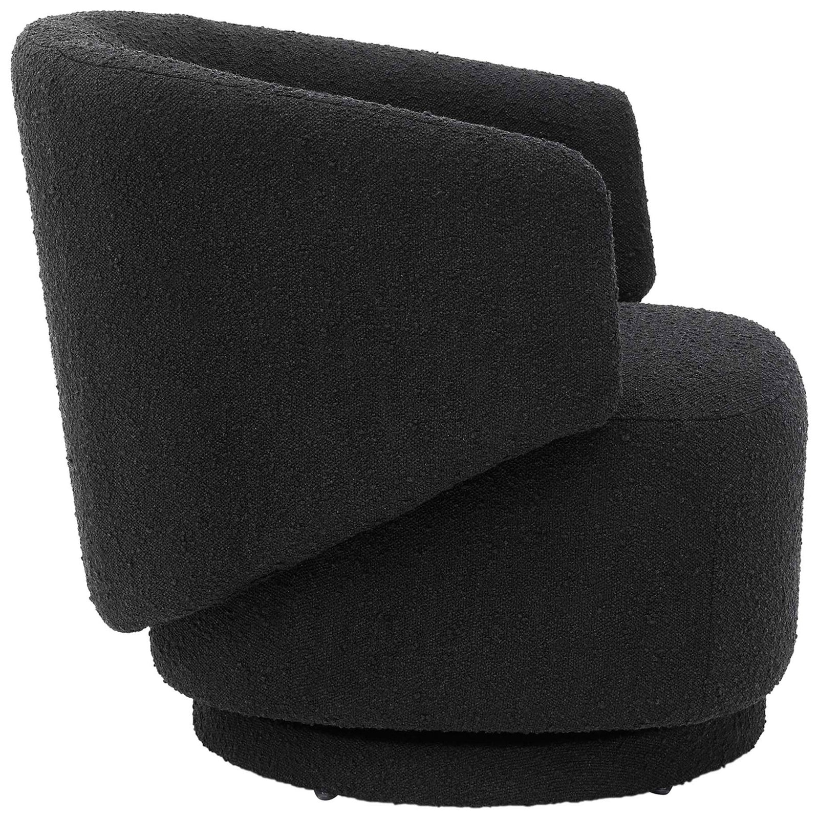 Sleek profile with sculpted arm and rounded seat atop a discreet swivel base. || EEI-6357-BLK || side_studio
