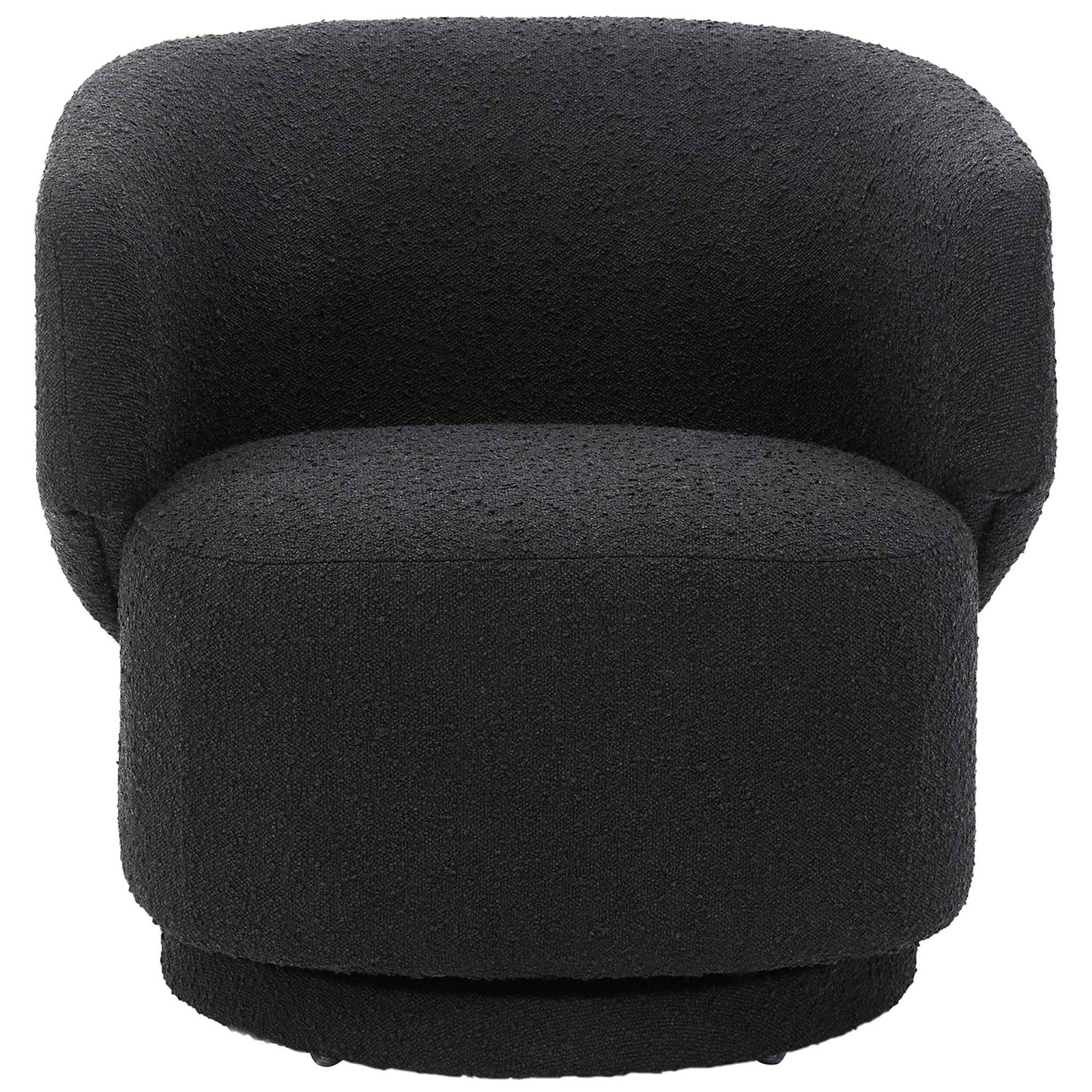 Generous round seat and cozy curved back in nubby black boucle for inviting modern comfort. || EEI-6357-BLK || front_studio