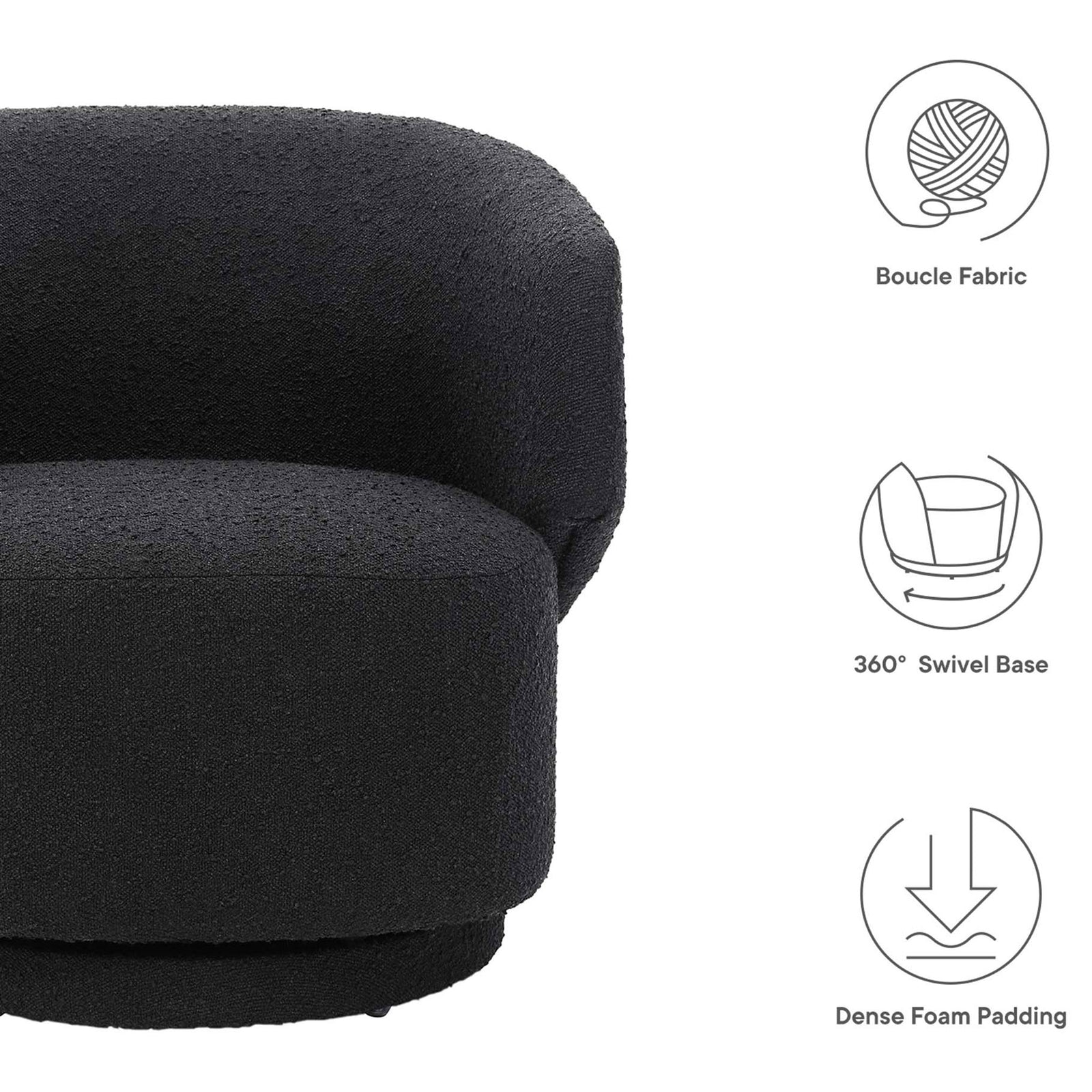 Boucle fabric, 360-degree swivel, and dense foam cushioning combine for style and support. || EEI-6357-BLK || callout_studio