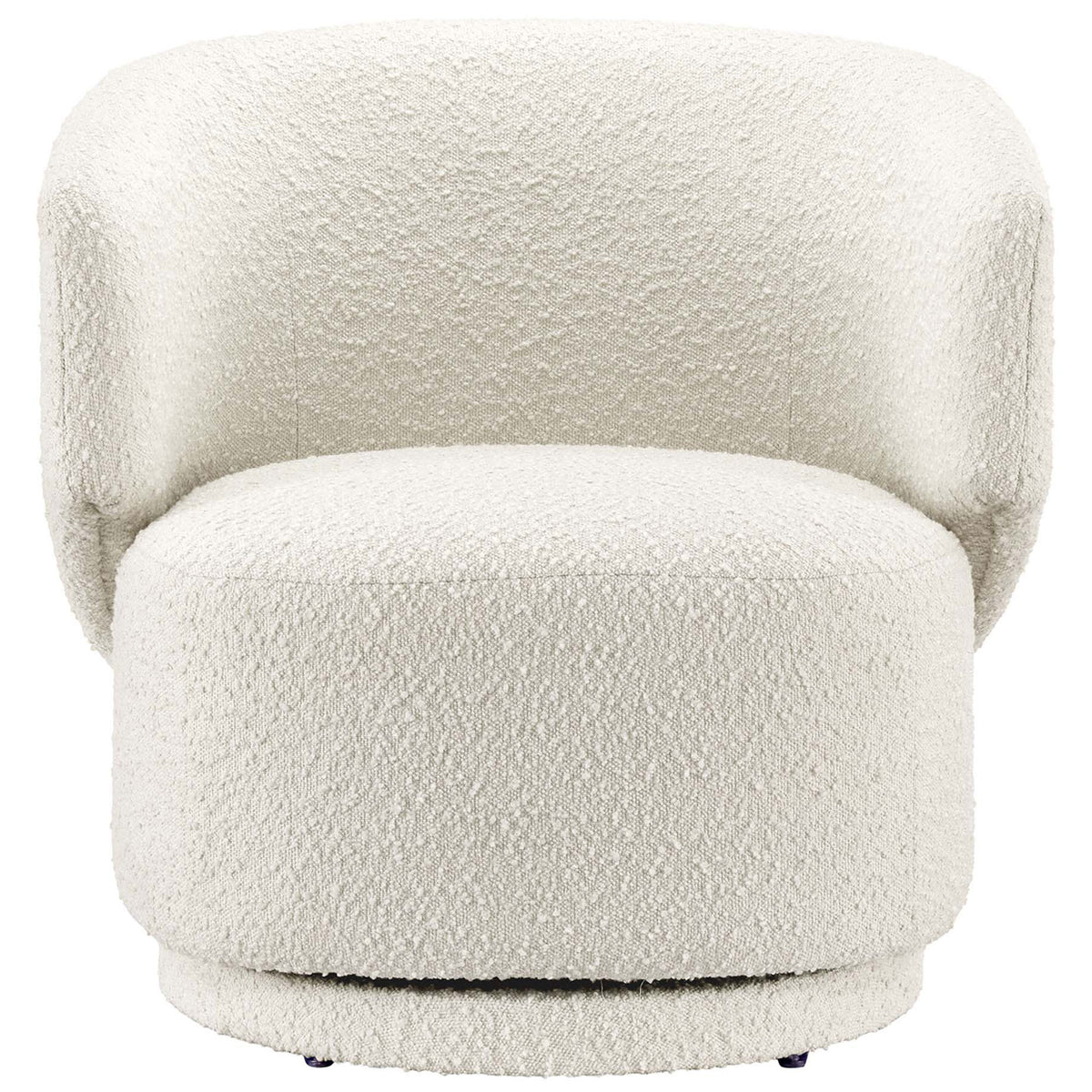 Ivory boucle swivel chair with a curved back, supportive cushioning, and a smooth rotating base. || EEI-6357-IVO || front_studio